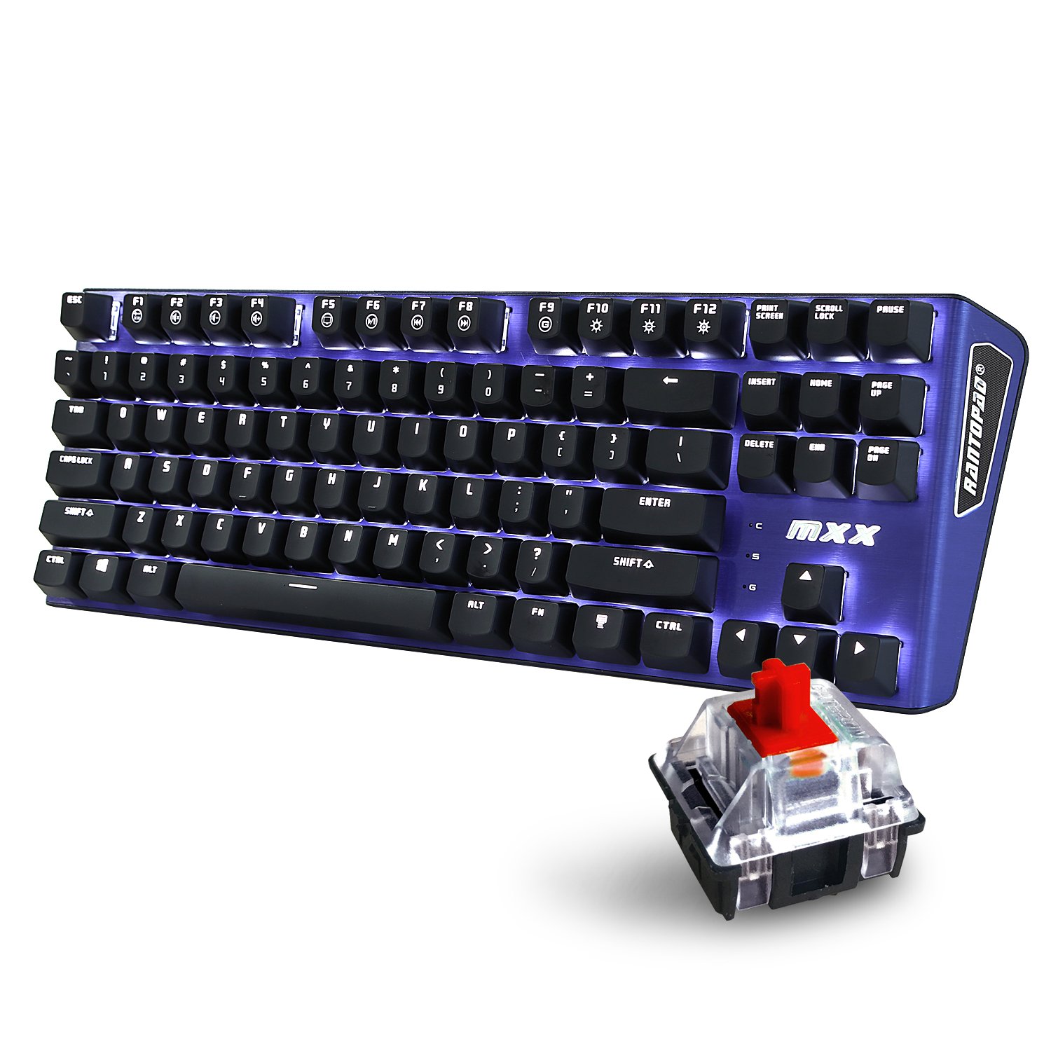 Rantopad MXX Mechanical Gaming Keyboard - 87 Keys,White Backlit, Red Switches, Blue Aluminum Cover, N-Key Rollover