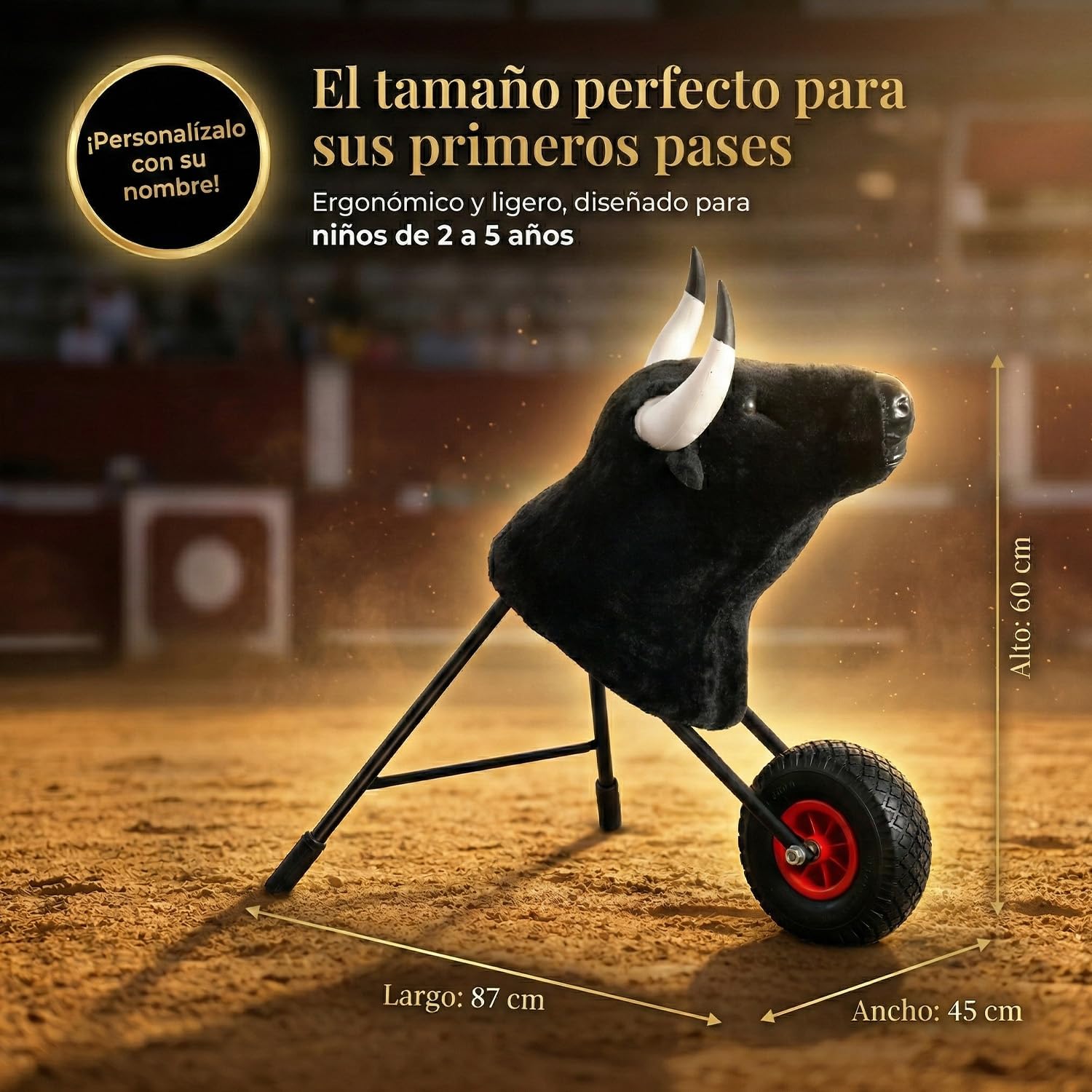 Carretón Taurino Infantil de Hierro con Cabeza de Toro, Juguete Tradicional para Encierros Infantiles, Carretón Ligero y Resistente para Niños de 2 a 5 Años, Rueda Antipinchazos, 87 x 45 x 60 cm