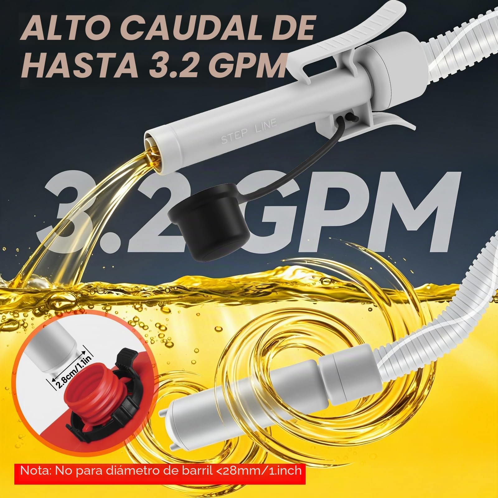 Bomba Trasvase Gasoil Eléctrica con Sensor de Parada Automática | 12V,3.2GPM (12L/min),con 4 Adaptadores,cabezal de bomba de 28 mm,Alimentación por pilas y USB,para Gasolina, Diésel y Agua
