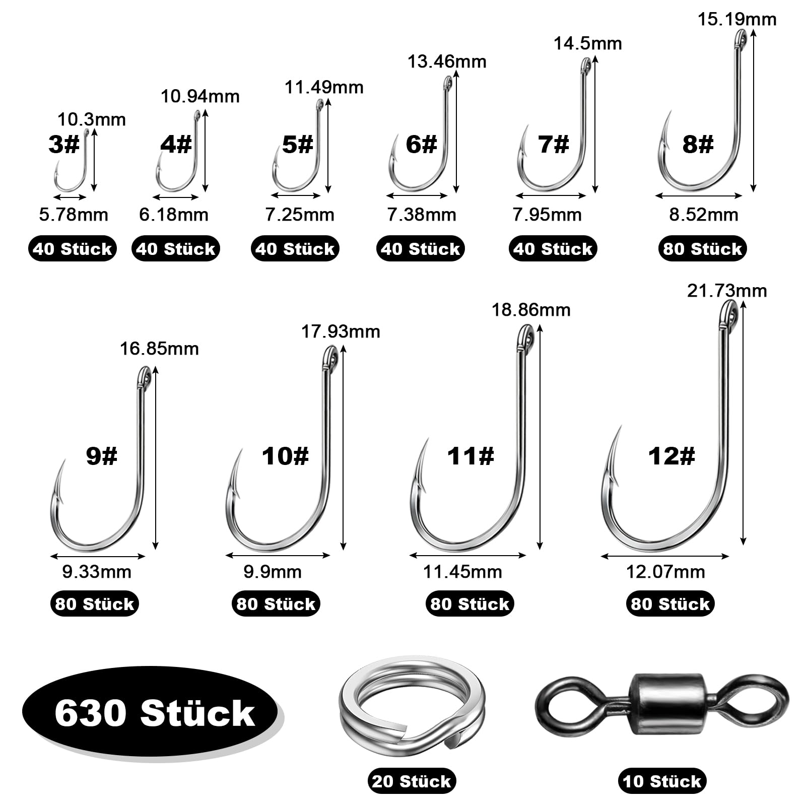 Realure 630 ganci da pesca, in acciaio al carbonio, set da 3 – 12 #, ganci da pesca con ardiglione, gancio da pesca con occhiello, per acqua dolce e salata accessori da pesca