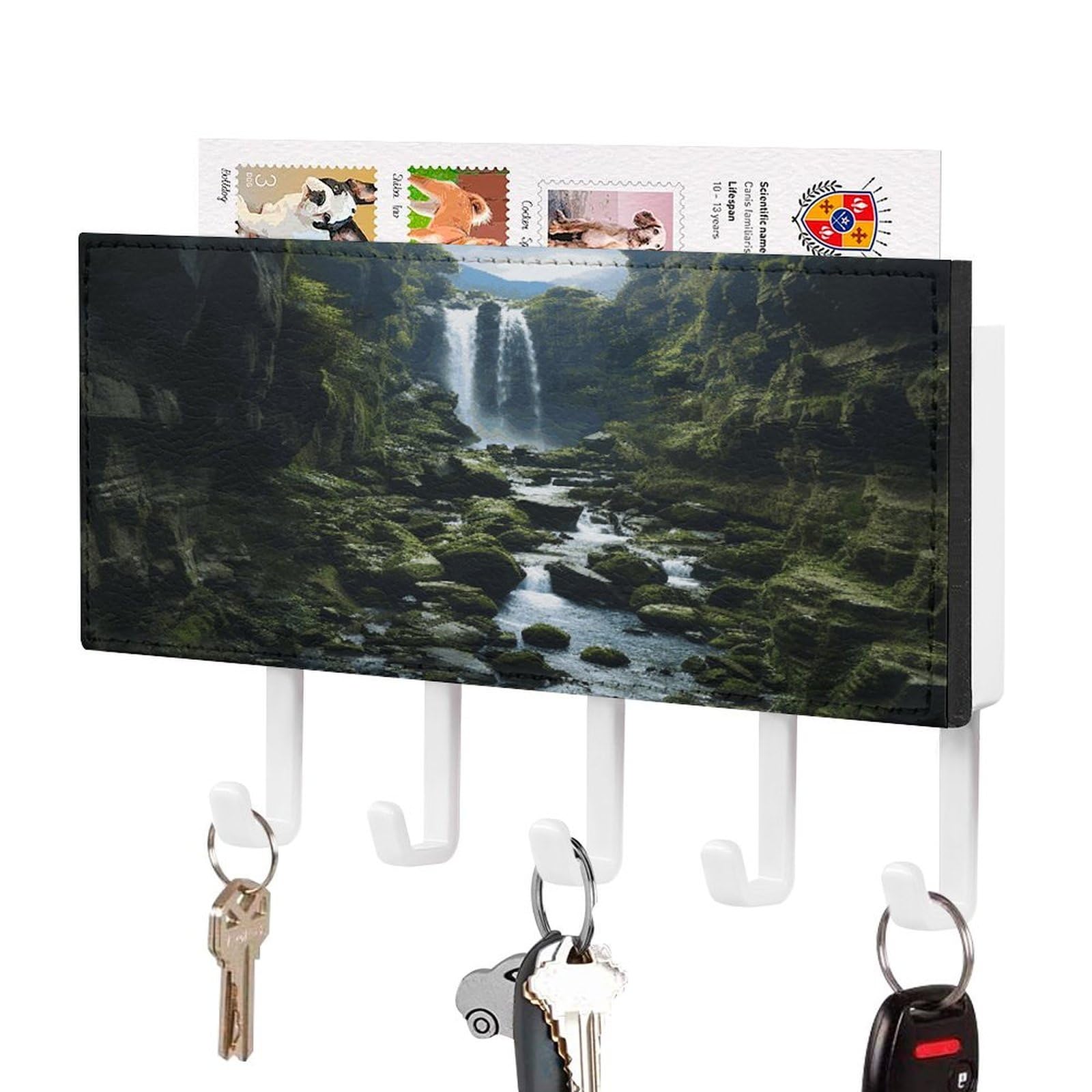 LDGSUPH Waterfall Cliff Key Holder Wall Mount Key Hanger with 5 Hooks Fashion Key Organizer Rack Hanging Key Hooks with Mail Organizer Key Rack for Home Entryway Hallway White-Style
