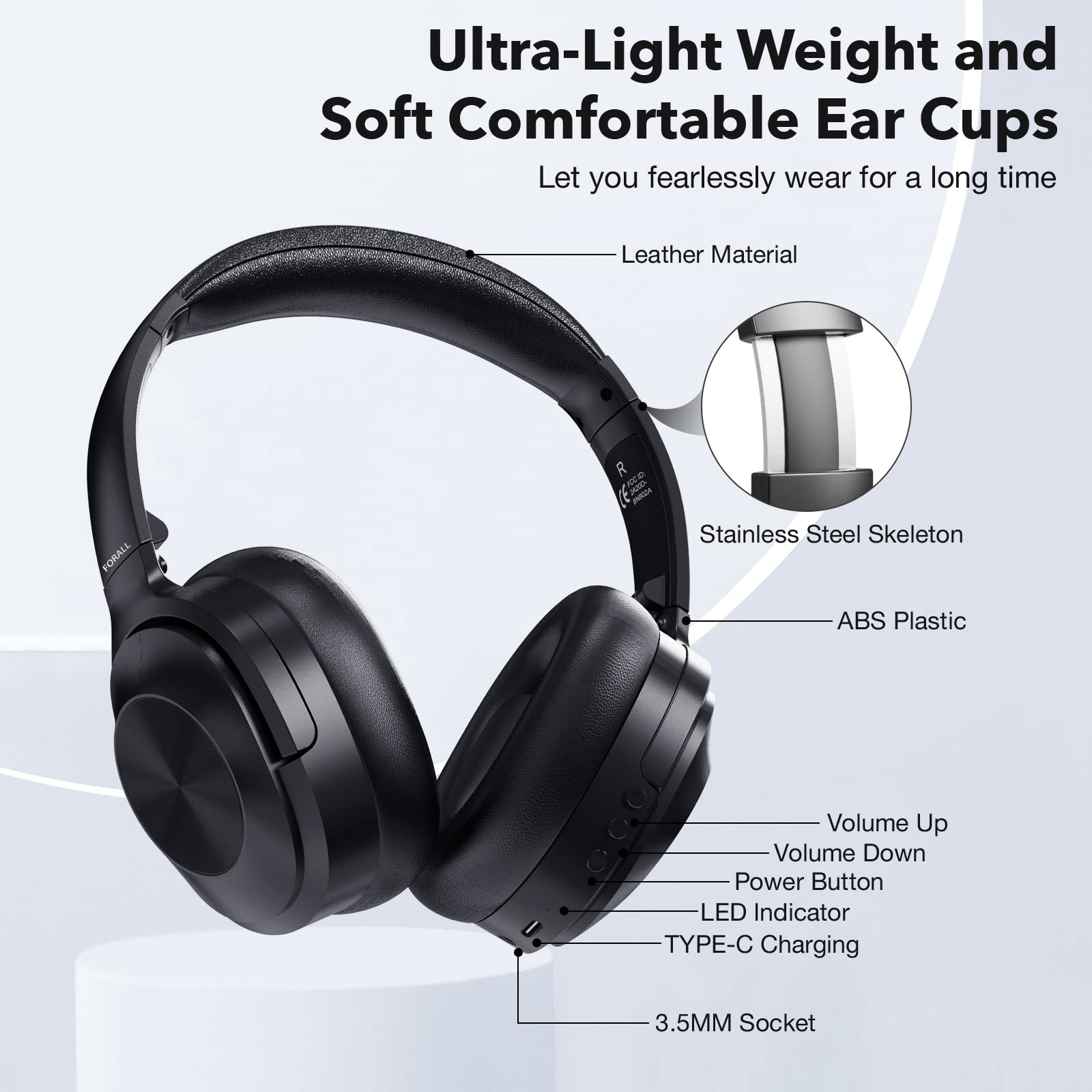 FORALL U20 Cuffie Cancellazione Rumore, Cuffie Bluetooth Over Ear, Hi-Res Audio, 40H Playtime Noise Cancelling Headphones, ANC Wireless Cuffie per Palestra Musica TV - Nero