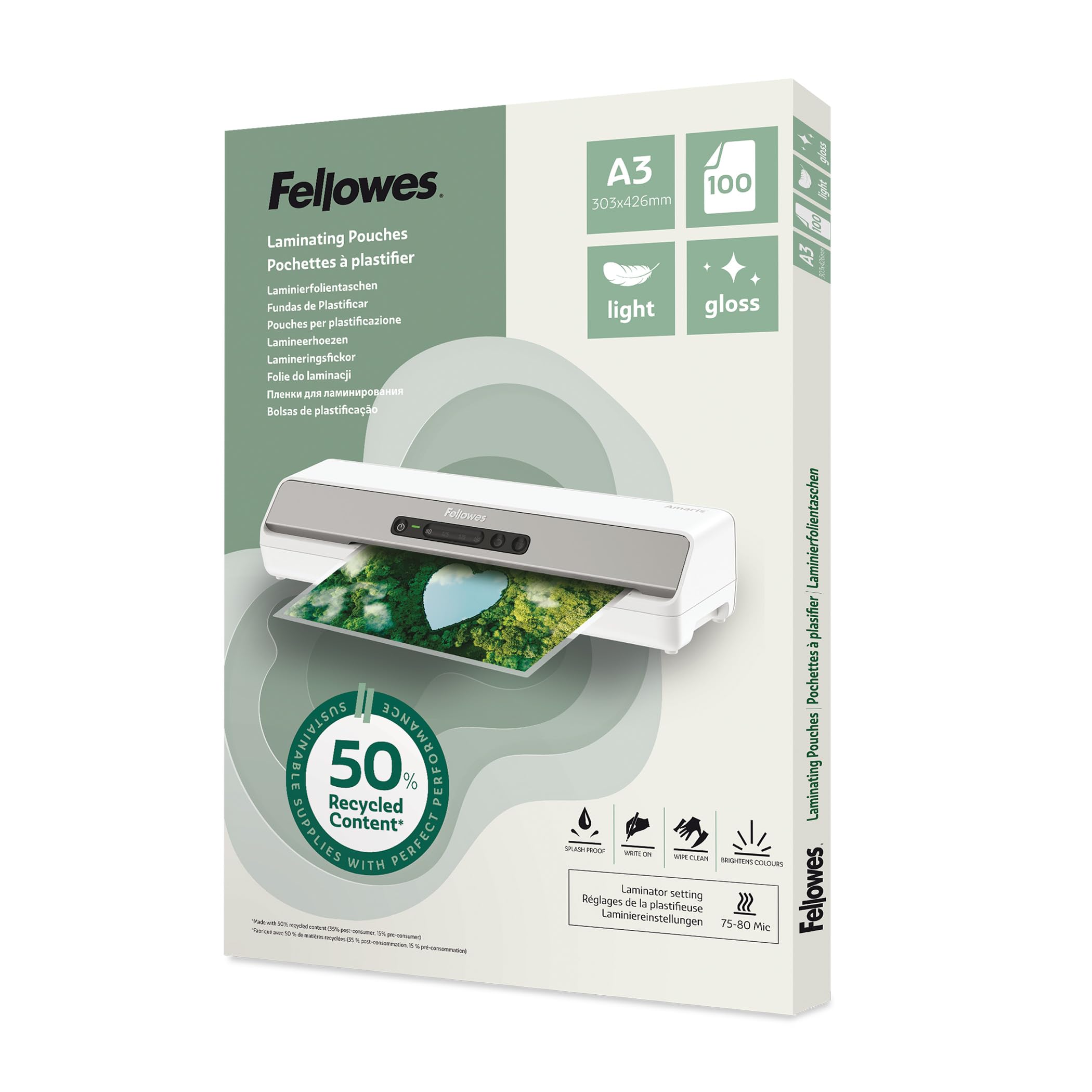 Fellowes A3 Laminating Pouches โ 100 Pack, Gloss Finish, Light Duty 75/80 Micron, 50% Recycled Content โ Lamination for Teachers & Offices