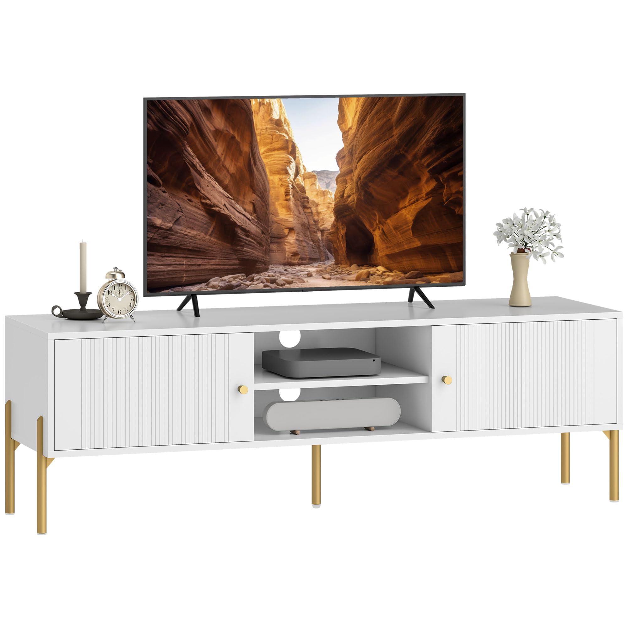 HOMCOM Meuble TV 140 cm, Meuble télé pour téléviseur jusqu'à 65 Pouces avec 2 Portes, 2 Compartiments Ouverts et Pieds en Acier, 2 Passe-câbles, Banc TV Moderne pour Salon, Chambre à Coucher, Blanc