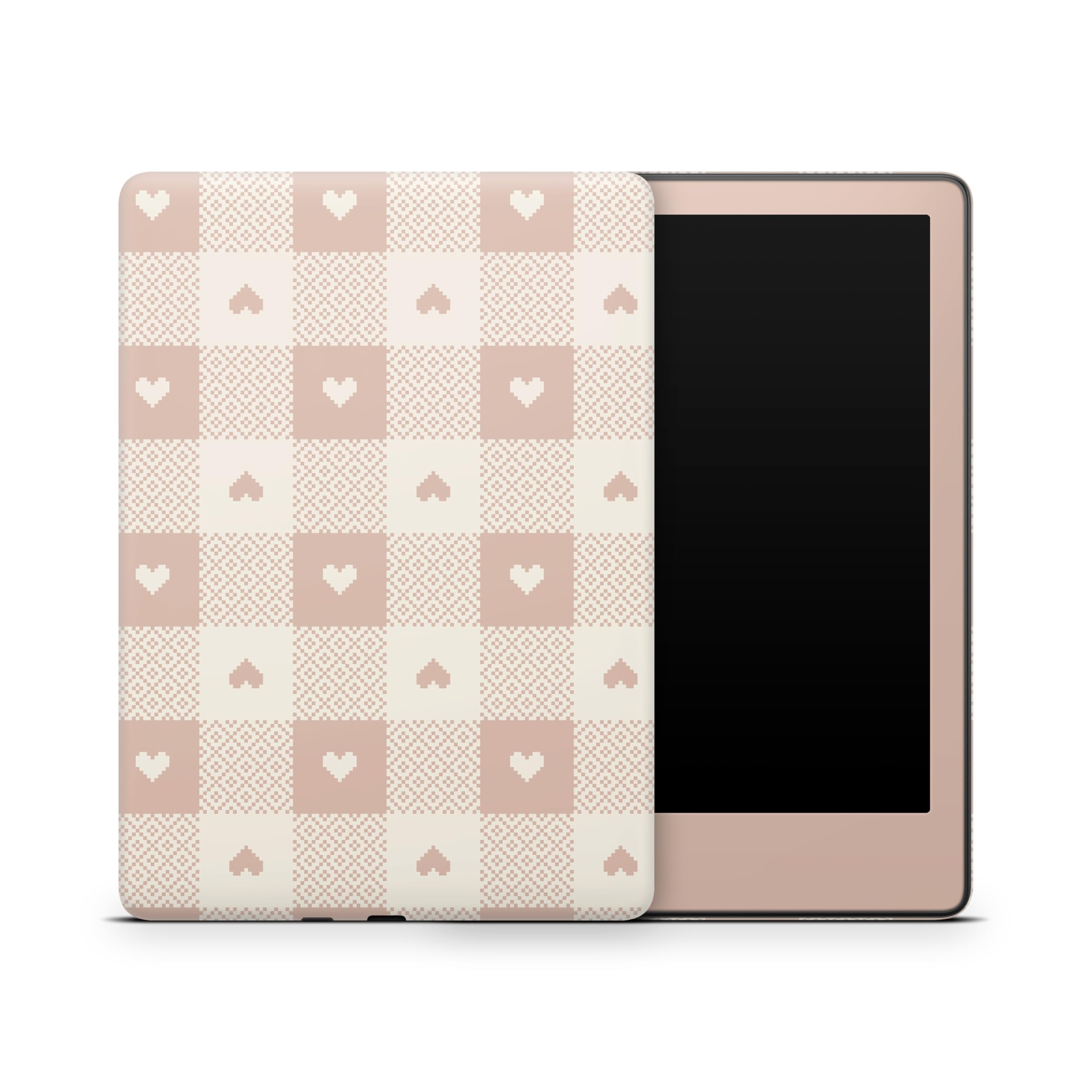 ZOOMHITSKINS Glitter Kindle Skin Compatible with Kindle Paperwhite Gen 12 (2024), Gingham Vintage Striped Cute Kawaii Princess Heart Beige, Easy Bubble-Free 3M Vinyl Decal, Made in The USA