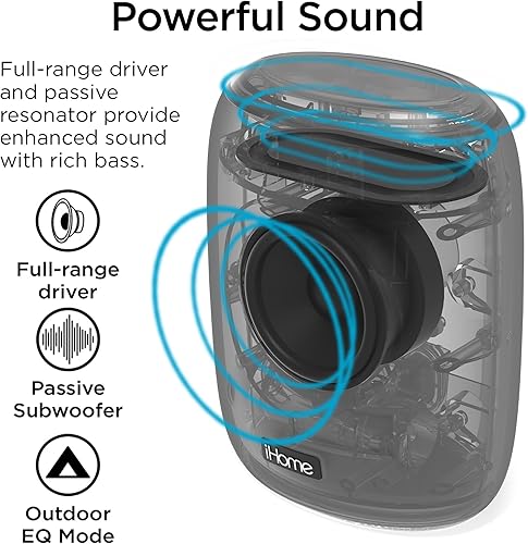 Miniatura 5 de iHome Altavoz Bluetooth impermeable con batería recargable de larga duración, altavoz portátil para uso en interiores y exteriores (iBT700)