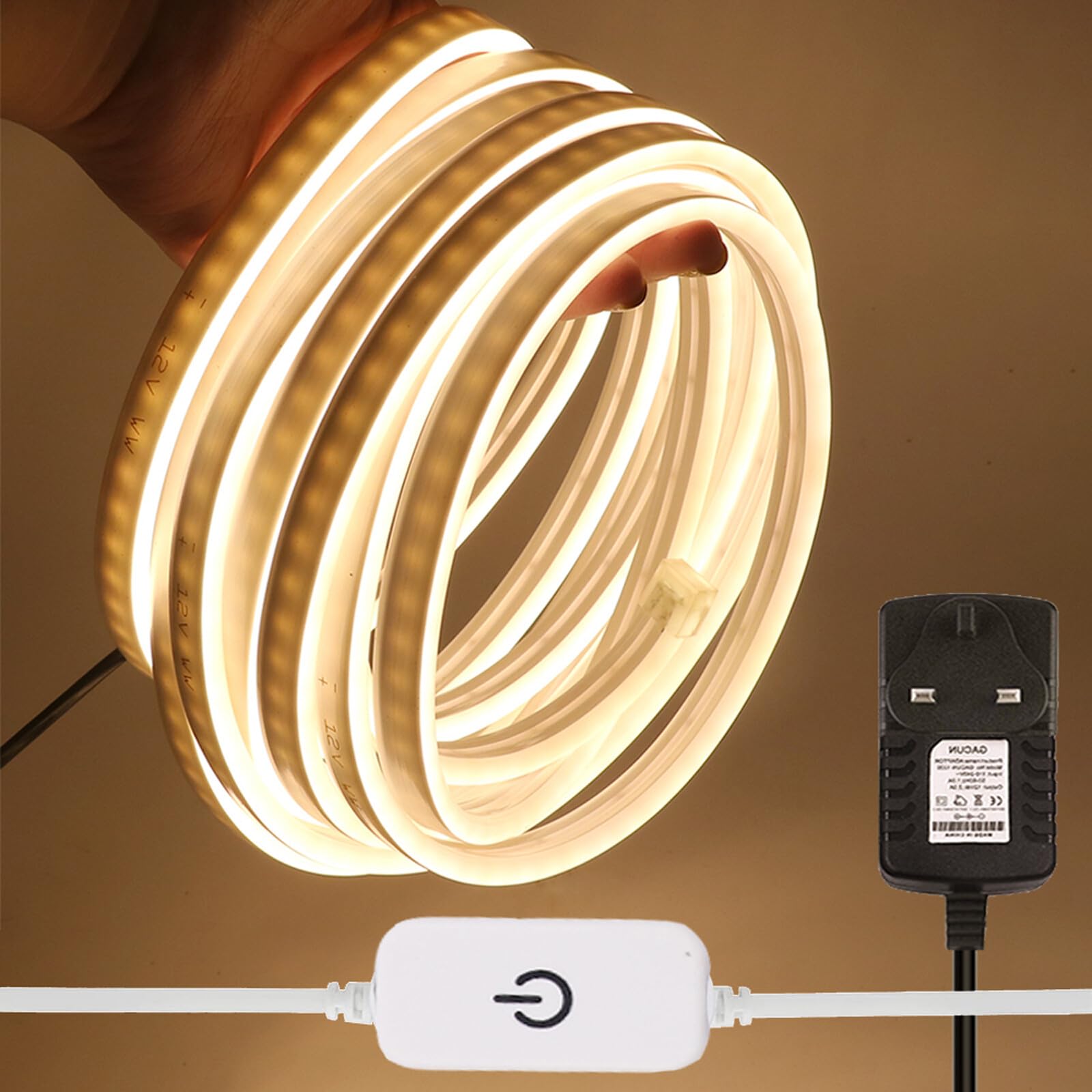 HEGEHE Dimmable LED Neon Light Strip Kit, 1m Warm White Neon Rope Light + ITOUCH Dimmer Switch + 12V DC Power Supply, Flexible and Waterproof for Home DIY Commercial Decor — image 1