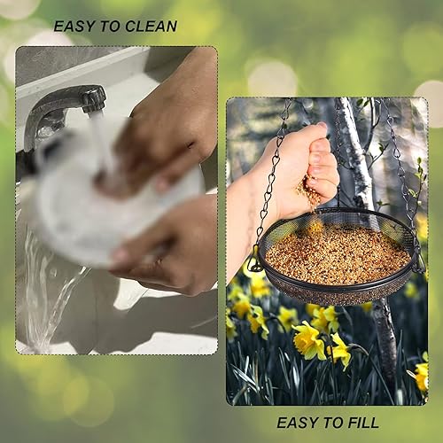 Miniatura 7 de HRAYLTOP Paquete de dos comederos para pájaros de cubierta con bandeja de malla metálica y cuenco de agua, soporte de abrazadera ajustable