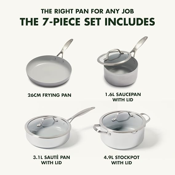 GreenPan Venice Pro Tri-Ply Stainless Steel Healthy Ceramic Nonstick 7 Piece Cookware Pots and Pans Set, PFAS-Free, Multi Clad, Induction, Dishwasher Safe, Oven Safe, Silver