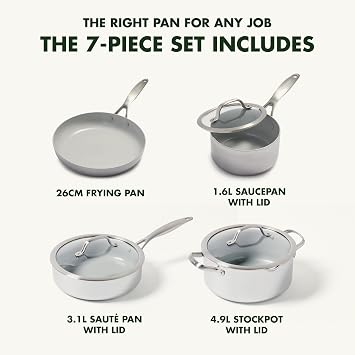 GreenPan Venice Pro Tri-Ply Stainless Steel Healthy Ceramic Nonstick 7 Piece Cookware Pots and Pans Set, PFAS-Free, Multi Clad, Induction, Dishwasher Safe, Oven Safe, Silver