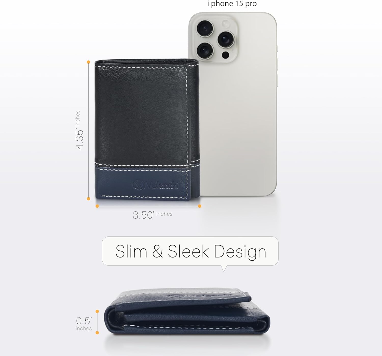 VALENCHI Genuine Leather RFID Blocking Slim Trifold Wallet, 6 Cards+1 ID Window, 2 Note Compartments, Blk/Blue Nappa, Male - Image 5