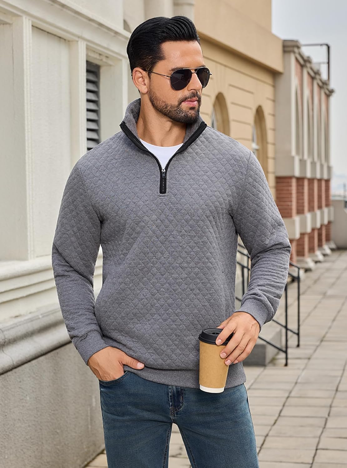 URRU Men’s Quarter Zip Pullover Quilted Sweater Long Sleeve Mock Neck Polo with Pocket - Image 2