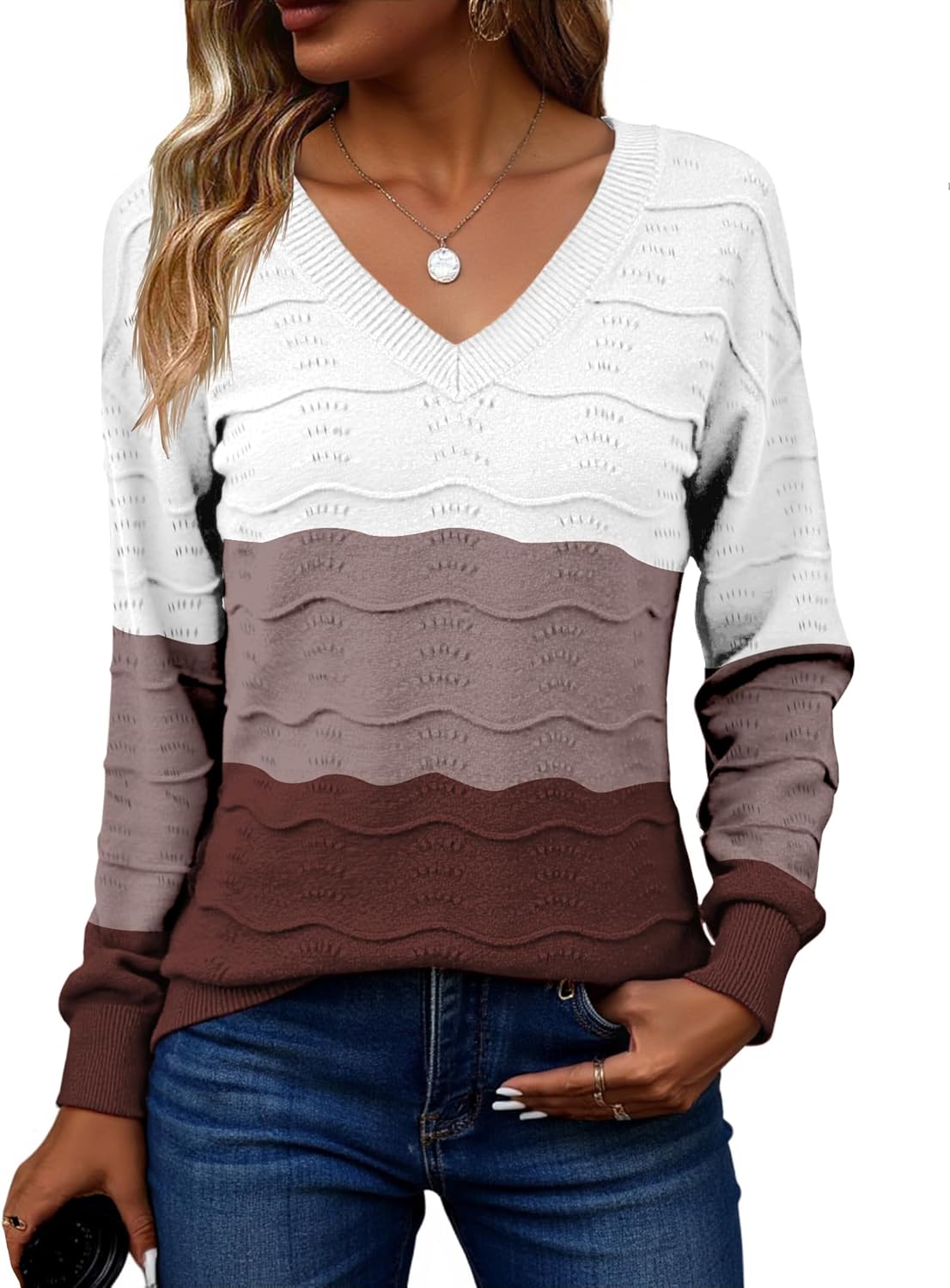 Zeagoo Womens Sweaters Fall Casual Long Sleeve V Neck Shirts Lightweight Crochet Ribbed Knit Pullover Tops Outfits