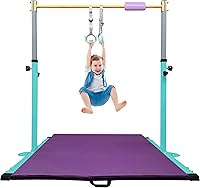 Vista 8 de Adjustable Gymnastics Bar for Kids with Mat - Sturdy Kip Bar with Rings, Horizontal Bar for Home Training, 3'-5' Height, Ages 3-15, 250 LBS