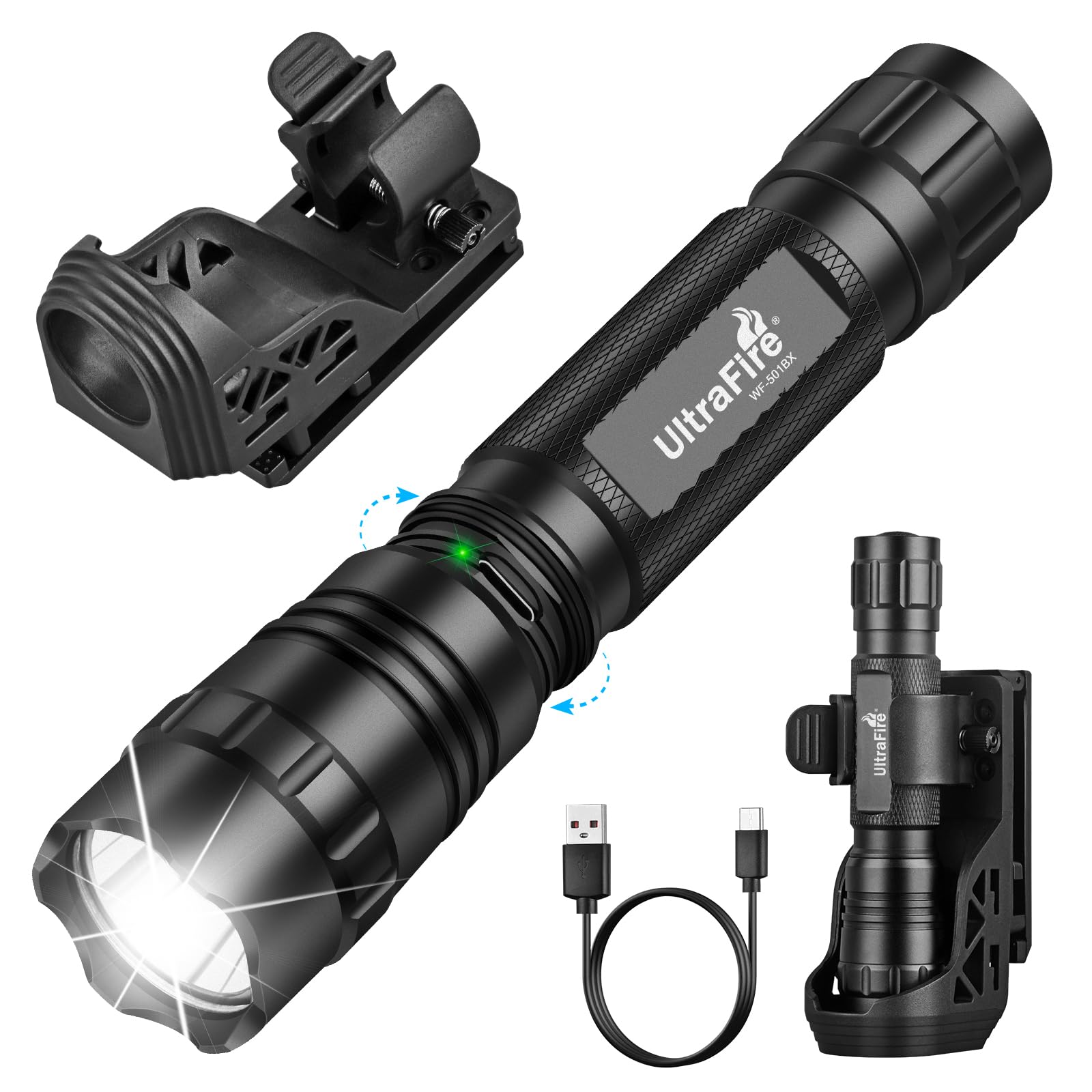 Ultrafire Matte Black Rechargeable Tactical Torch With Holster, 1000 Lumen 3 Modes Led Torch With Flashlight Holder For Duty Belt, For Police, Law Enforcement, Security, Camping, Wf-501Bx