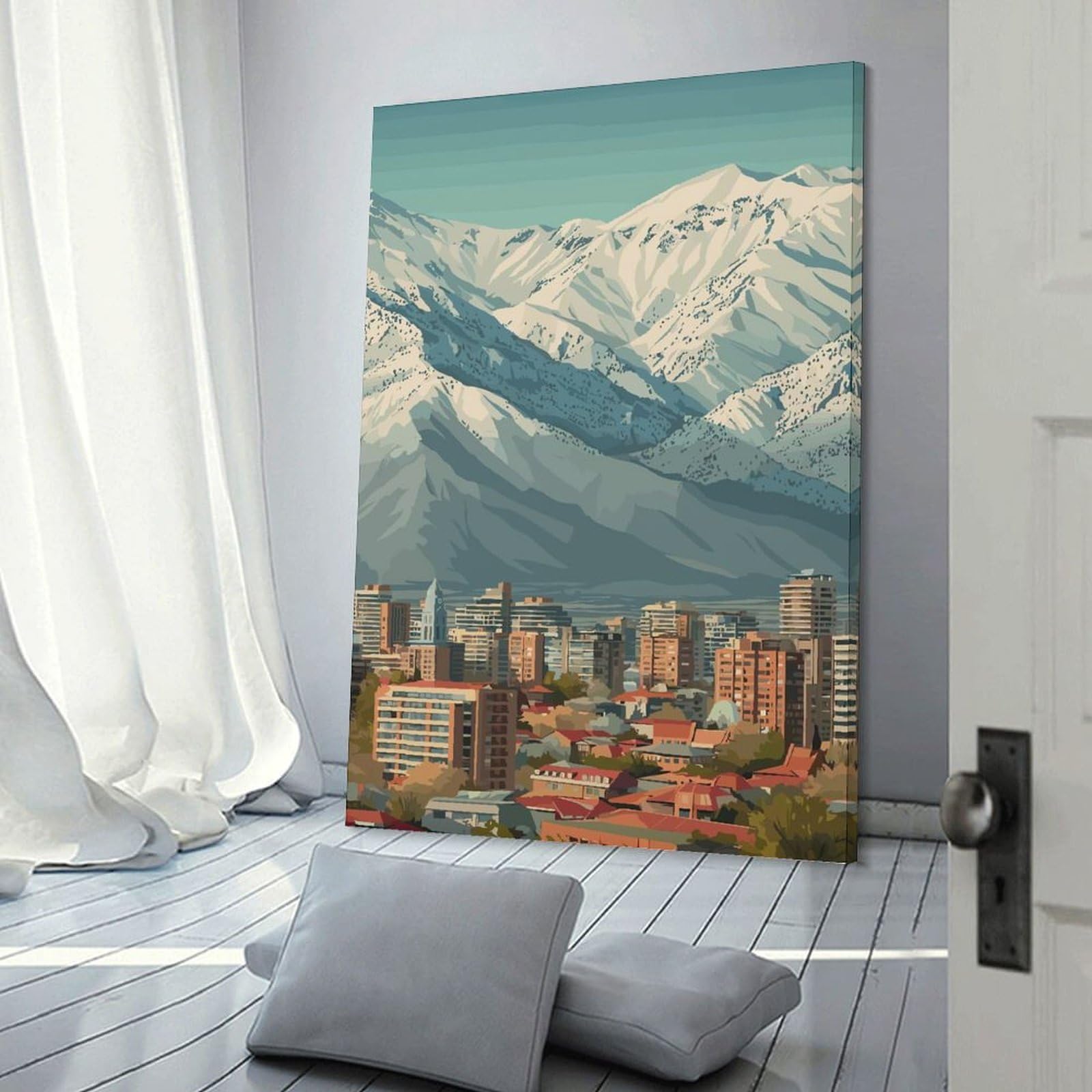 Junmoney Cityscape with Snowy Mountains Backdrop Hanging Wall Art, 20x30inch(50x75cm), for Gallery Wall Decor And Room Displays, Home Wall Art for Statement Displays