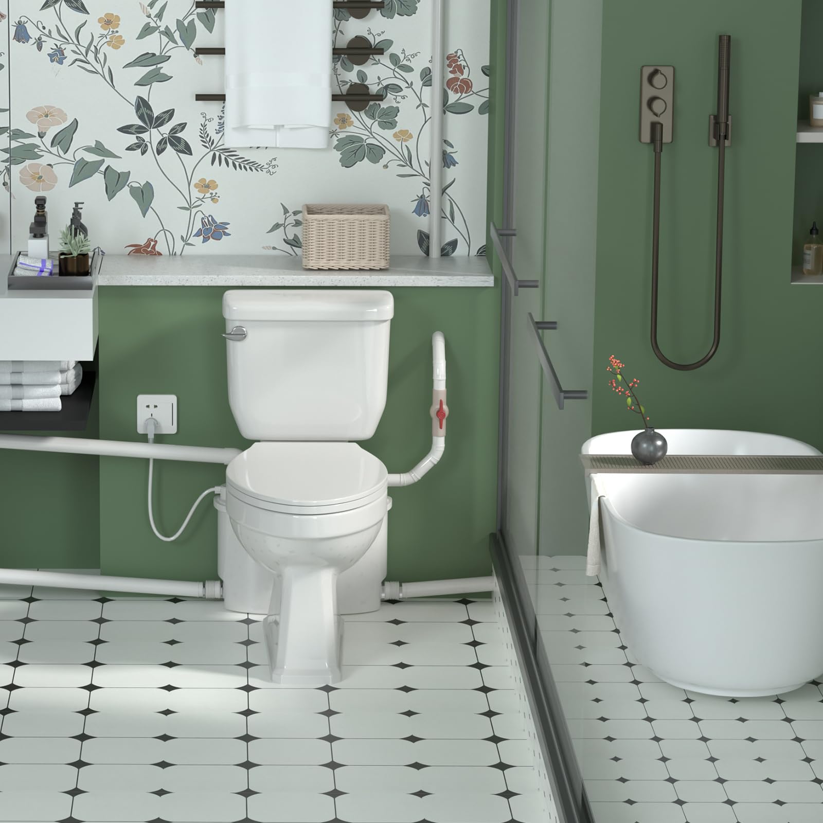 Pompa maceratrice, pompa tritureratrice per WC, con 4 ingressi per WC/cucina/lavandino/doccia da cantina, smaltimento acque reflue grigie, doppia deodorazione, motore in rame, 7 m/23 ft di prevalenza