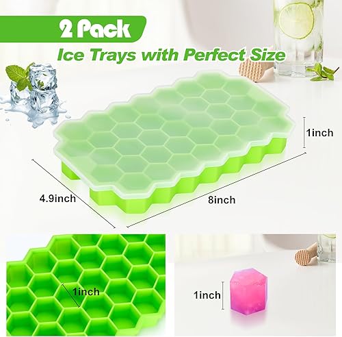 Miniatura 7 de Bandeja para cubitos de hielo mejorada, paquete de 2 bandejas flexibles de silicona para cubitos de hielo, cubitos de hielo reutilizables de fácil