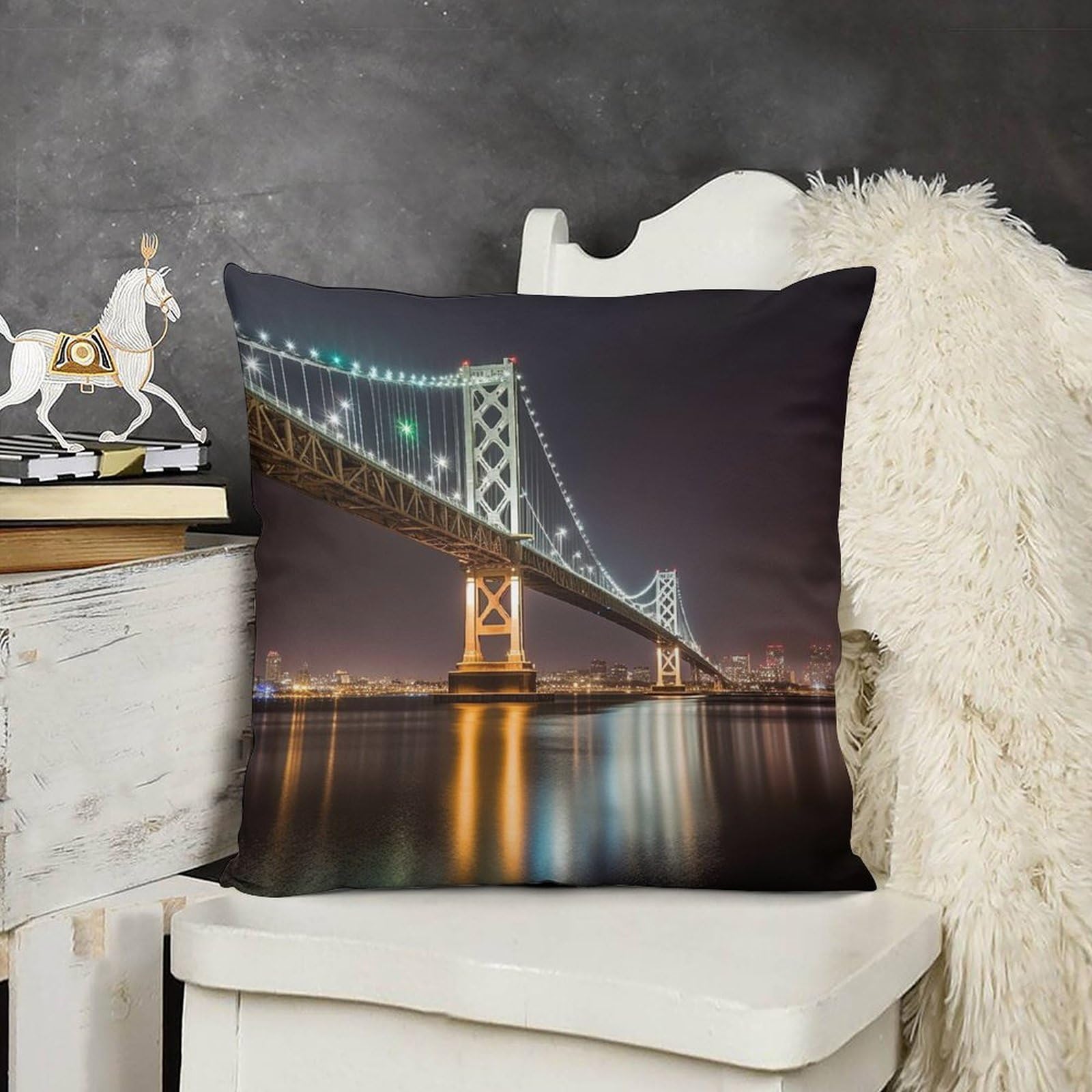 FodPand Decorative Bridge Skyline Throw Pillow Covers 16x16 Soft Plush Cozy Cushion Cases with Invisible Zipper Body Pillowcase Square Accent Pillow Shams for Couch Sofa Bedroom Living Room