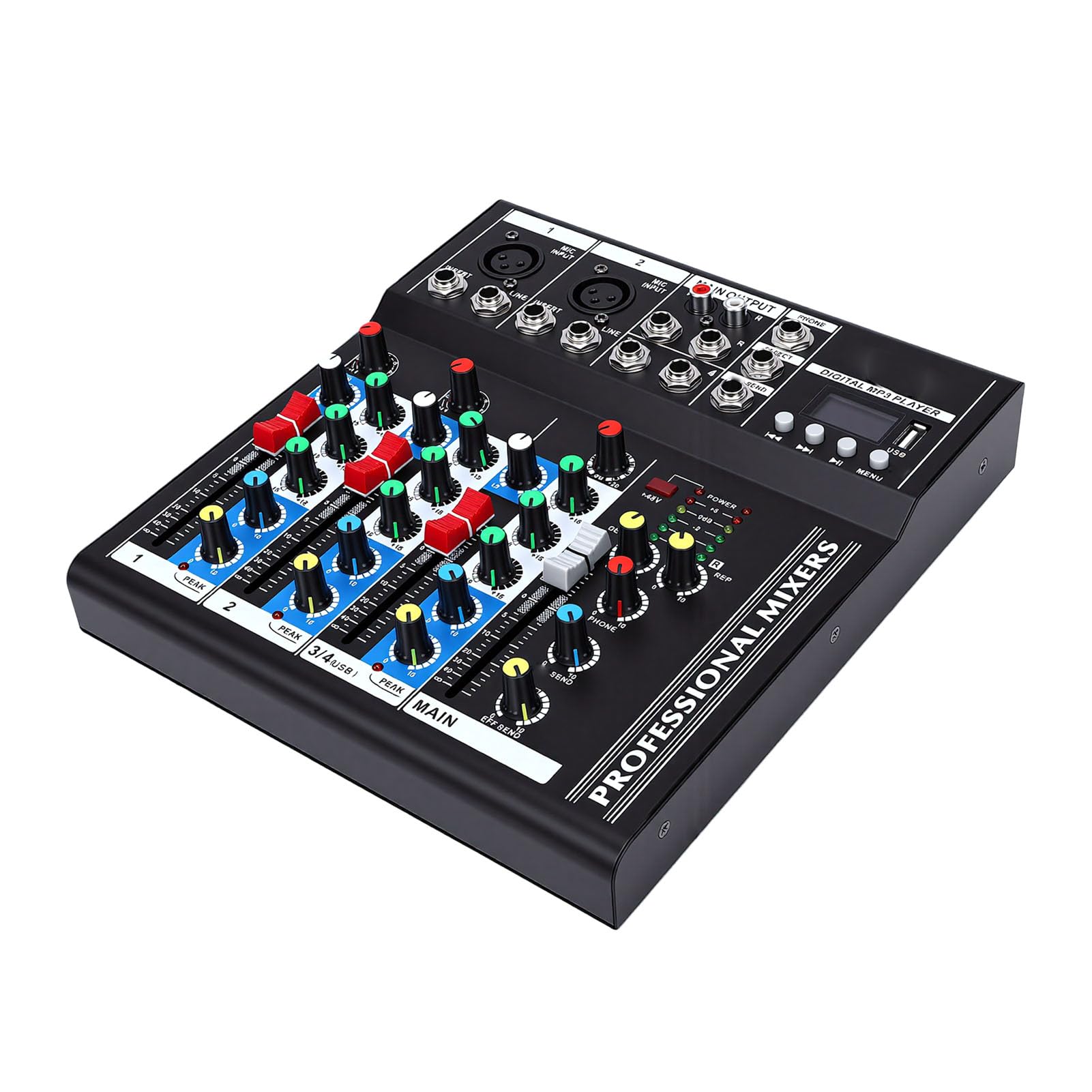 Mixer Audio Console Mixer Audio a 4 in Acciaio Legato con Interfaccia USB e Bluetooth per PC Studio Karaoke Streaming Controllo DJ