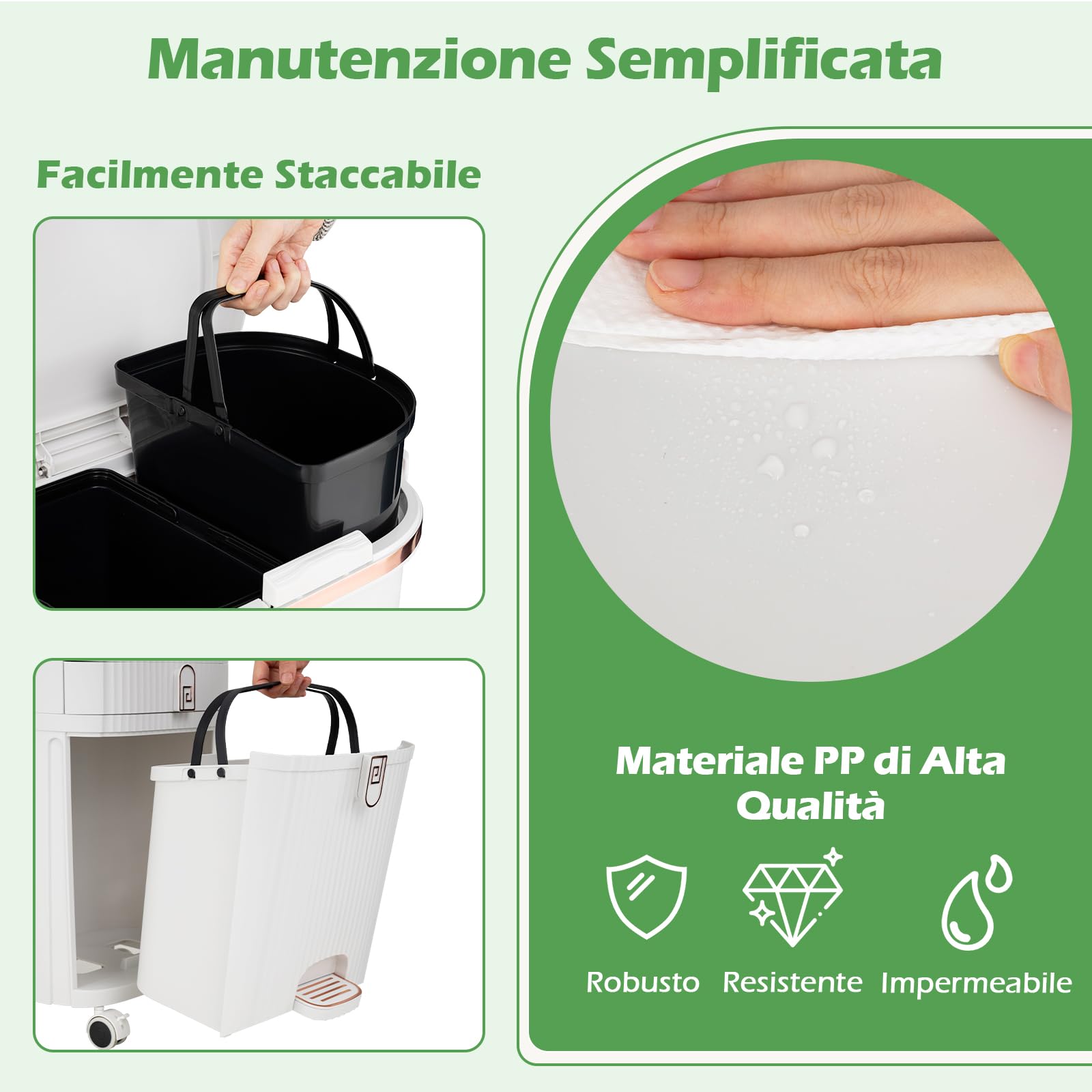 COSTWAY 42 L（12+12+14+4 L） Pattumiera Differenziata, Secchio Spazzatura a 3 Scomparti con Cassetto e Coperchi, 2 Secchi Rimovibili Pedale e Ruote, Bidoni Differenziata per Bagno Cucina Ufficio