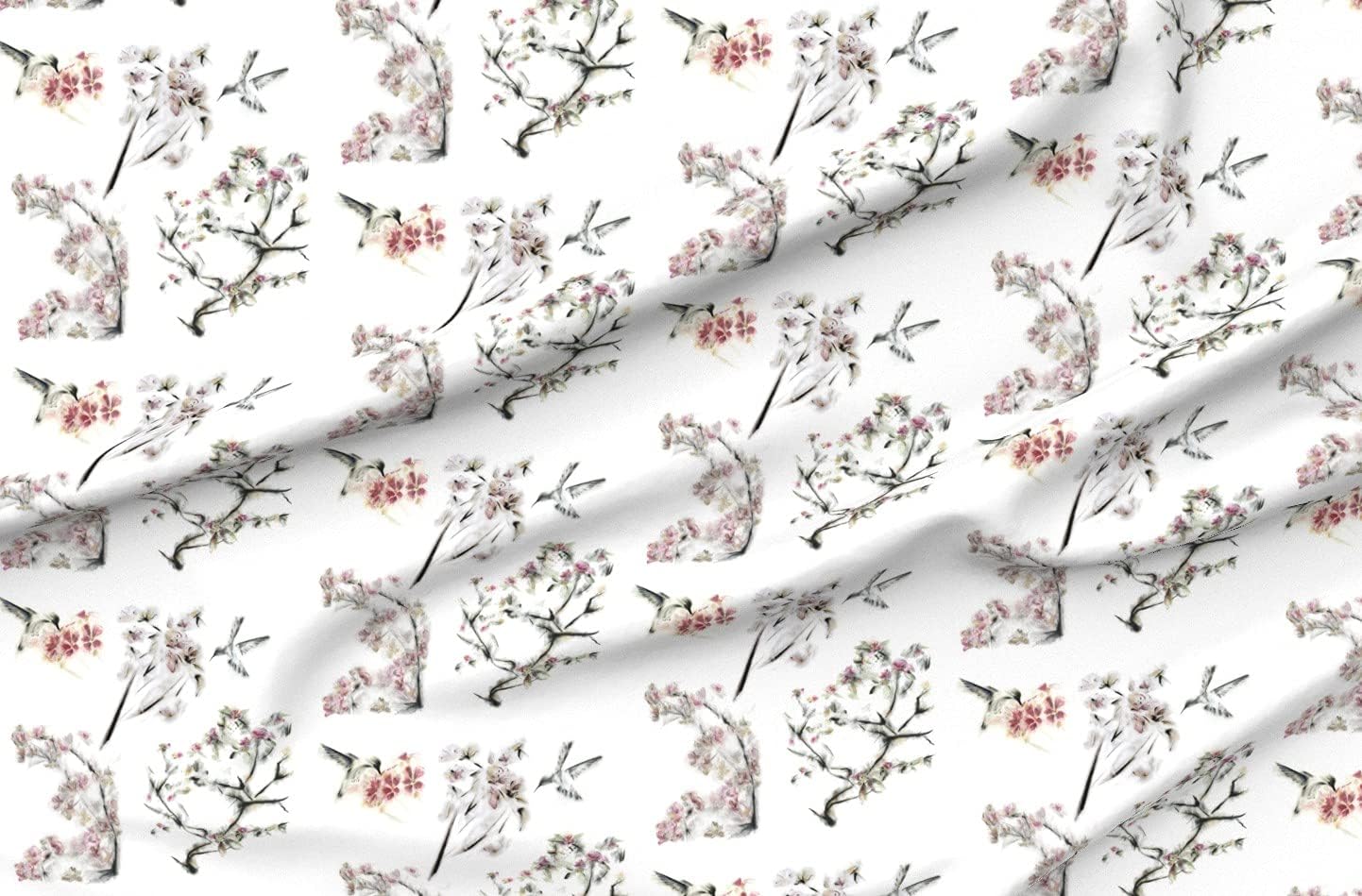 Spoonflower Fabric - Hummingbirds Flowers White Background Hummingbird Asian Floral Pink Printed on Organic Cotton Sateen Fabric by The Yard - Sewing Quilting Apparel Home Decor