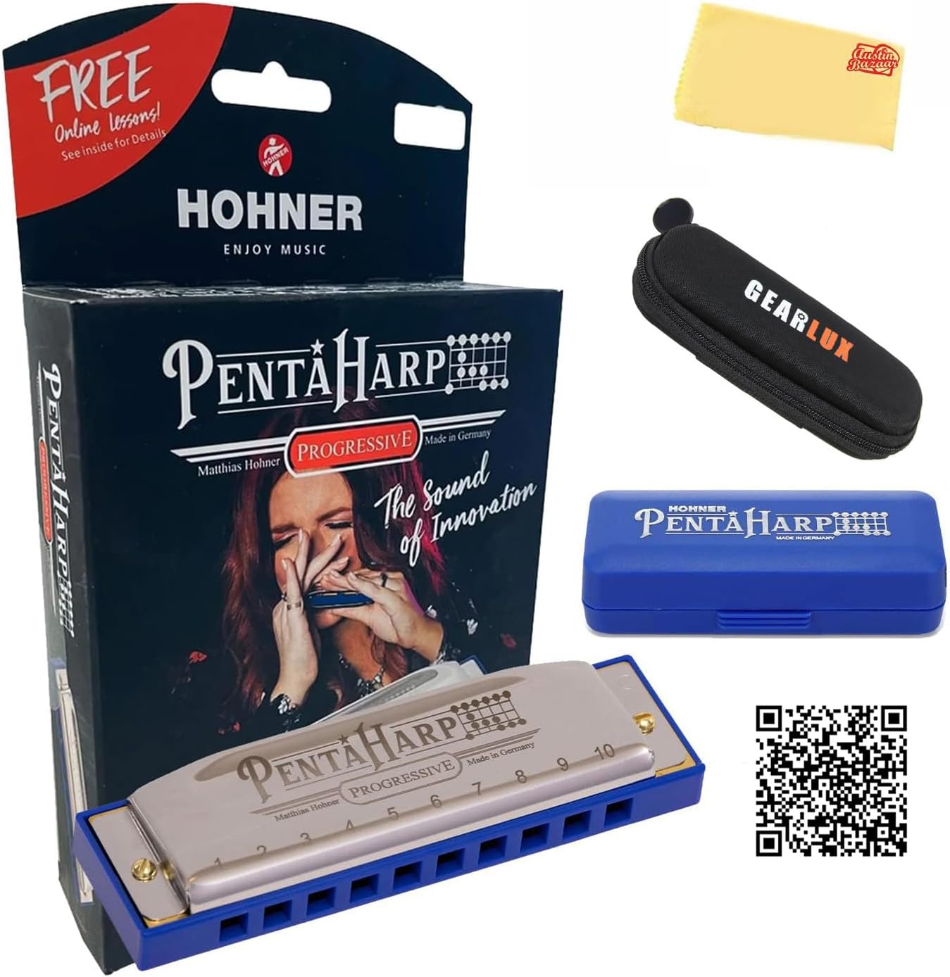 Hohner PentaHarp Harmonica - Key of A Minor Bundle with Case, Pouch, Online Manual, and Austin Bazaar Polishing Cloth