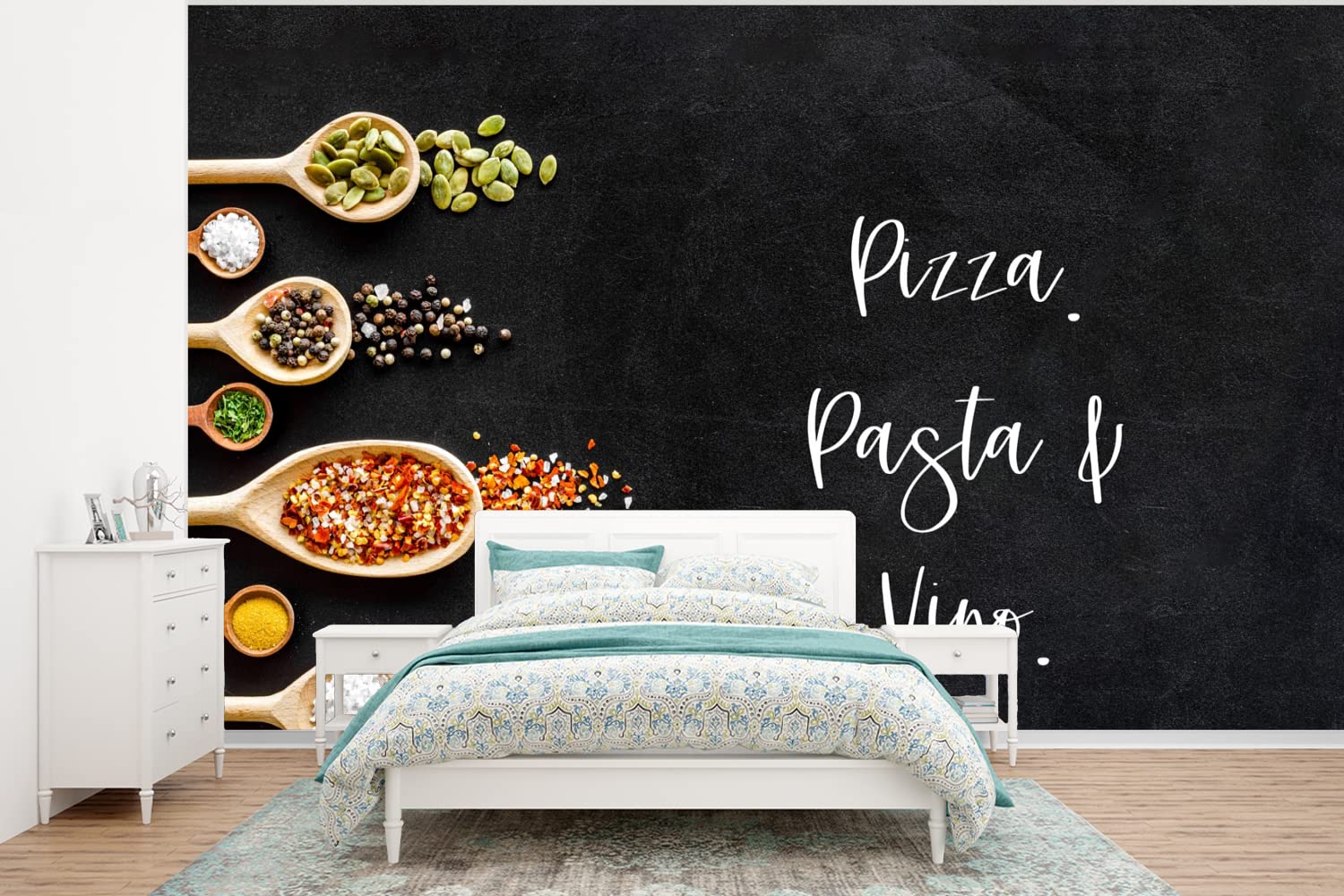 Selbstklebend Tapete Wandpapier Wandaufkleber Fototapete Tapeten Wanddeko 295x220 cm Pizza. Pasta und Wein. - Zitate - Lebensmittel - Gewürze - Sprichwörter