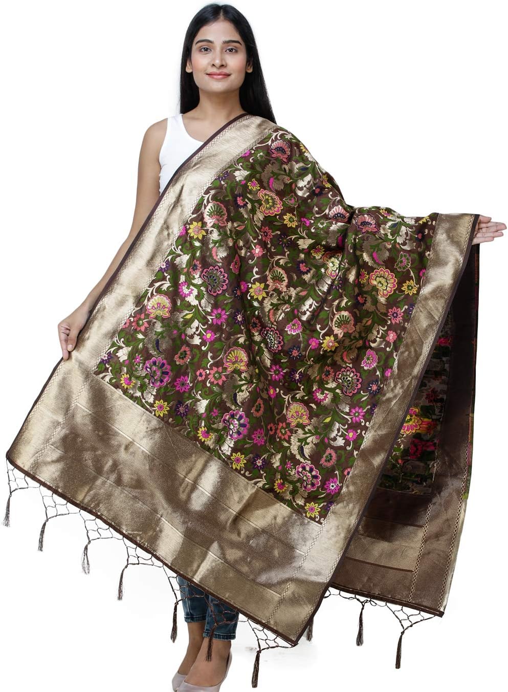 Exotic India Brocade Dupatta from Gujarat with Woven Floral Motifs All-Over
