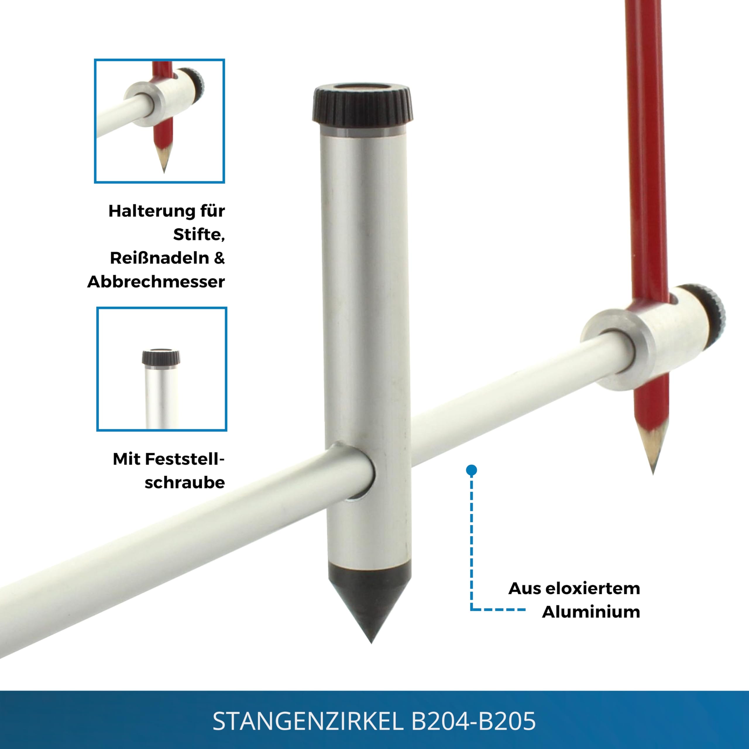 Stangenzirkel 50 cm - Präzisions Zirkel groß, Anreißzirkel aus eloxiertem Aluminium, Profi Zirkel mit Stifthalter zum Anreißen & Übertragen von größeren Kreisformen