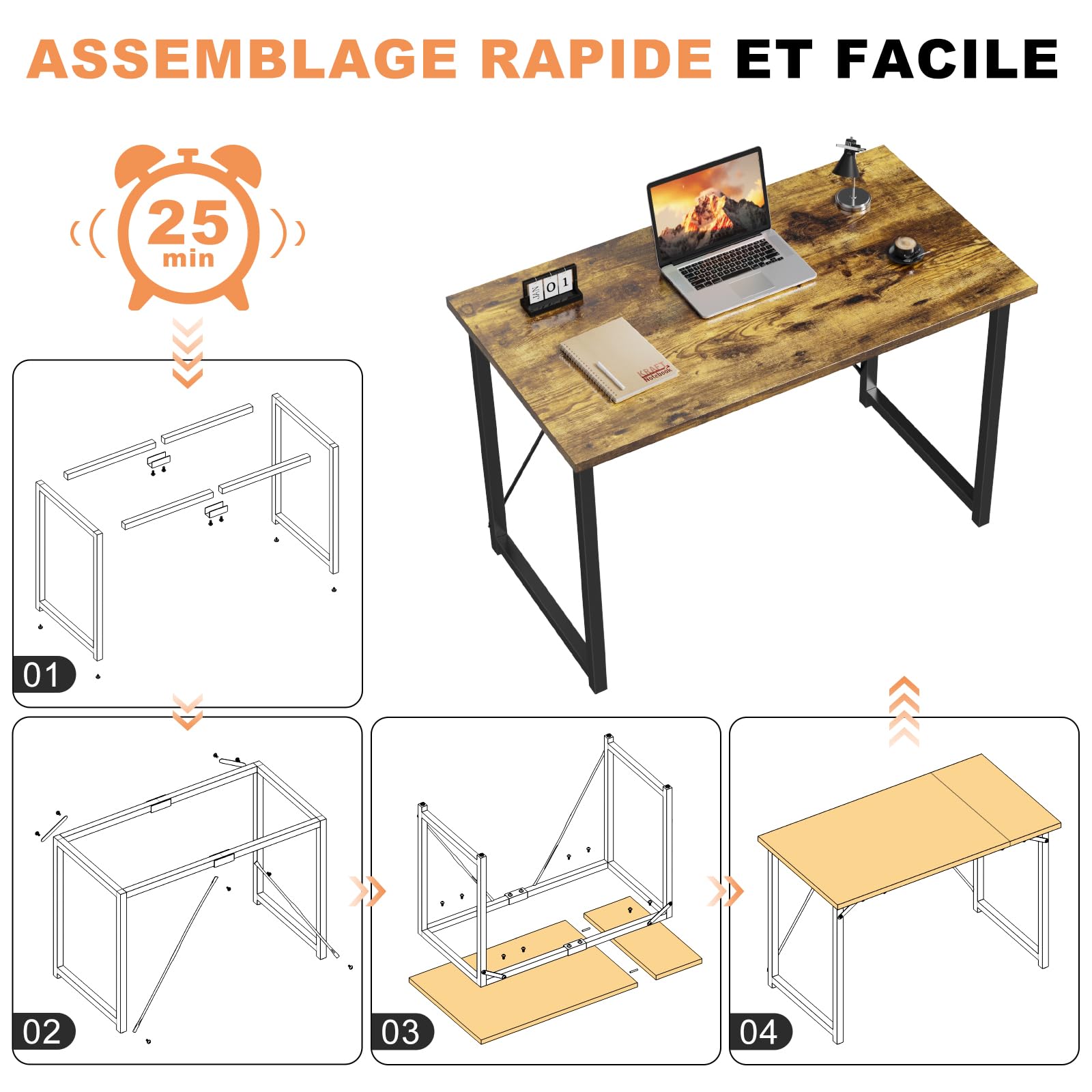 Devoko Bureau d'ordinateur, Table, Petits Bureaux d'étude 100 x 50 x 75 cm pour Les Petits Espaces, Poste de Travail, Bureau et Travail à Domicile, Cadre en Métal, Marron Rustique