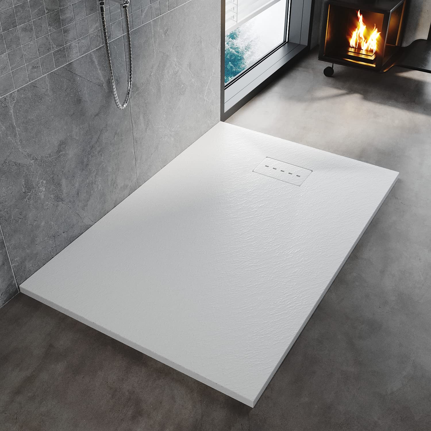 ELEGANT 1200x900mm White Slate Effect Lightweight Slate Shower Base Rectangular Grain Shower Enclosure Tray with Waste Trap โ image 1