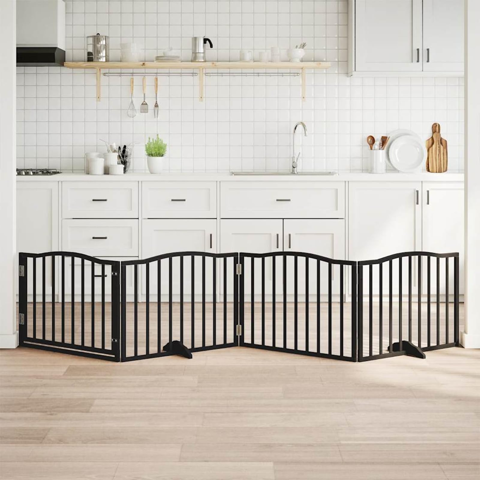 Tidyard Cancelletto per Cani con Porta Pieghevole Nero 4 Pannelli 320 cm Legno Pioppo per Piccoli/Medi Cani 352225