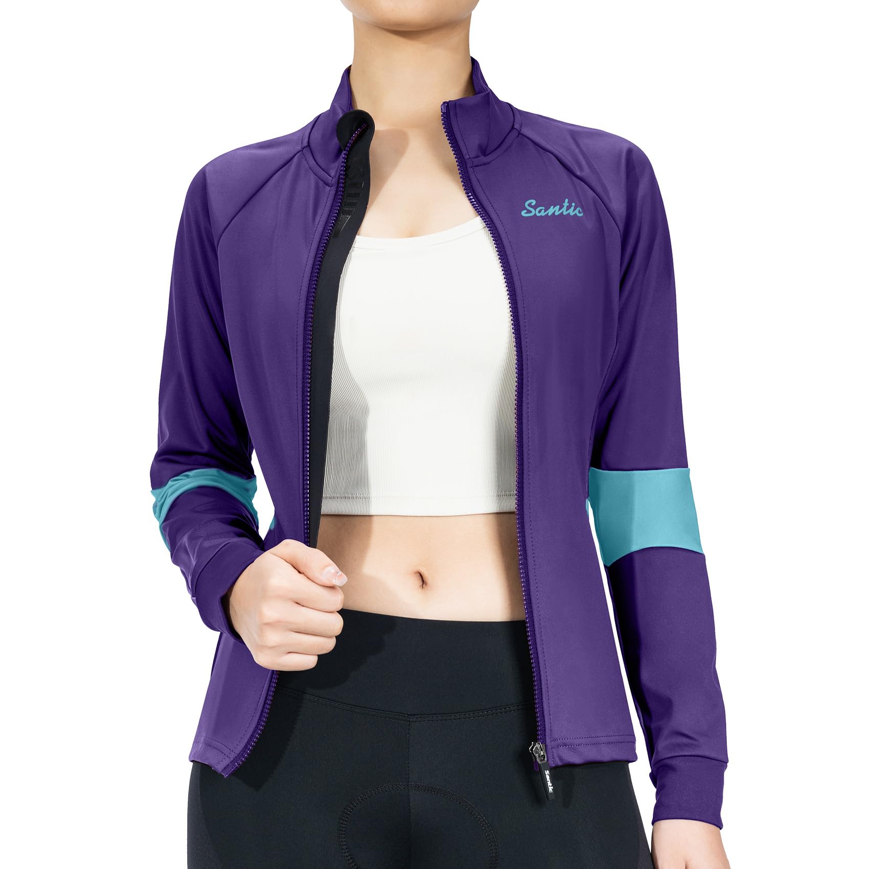 Santic Fahrradjacke Damen Winter Thermo Jacken Winddichte Laufjacke Leichte Atmungsaktiv Langarm Reflektierend Reißverschlusstasche
