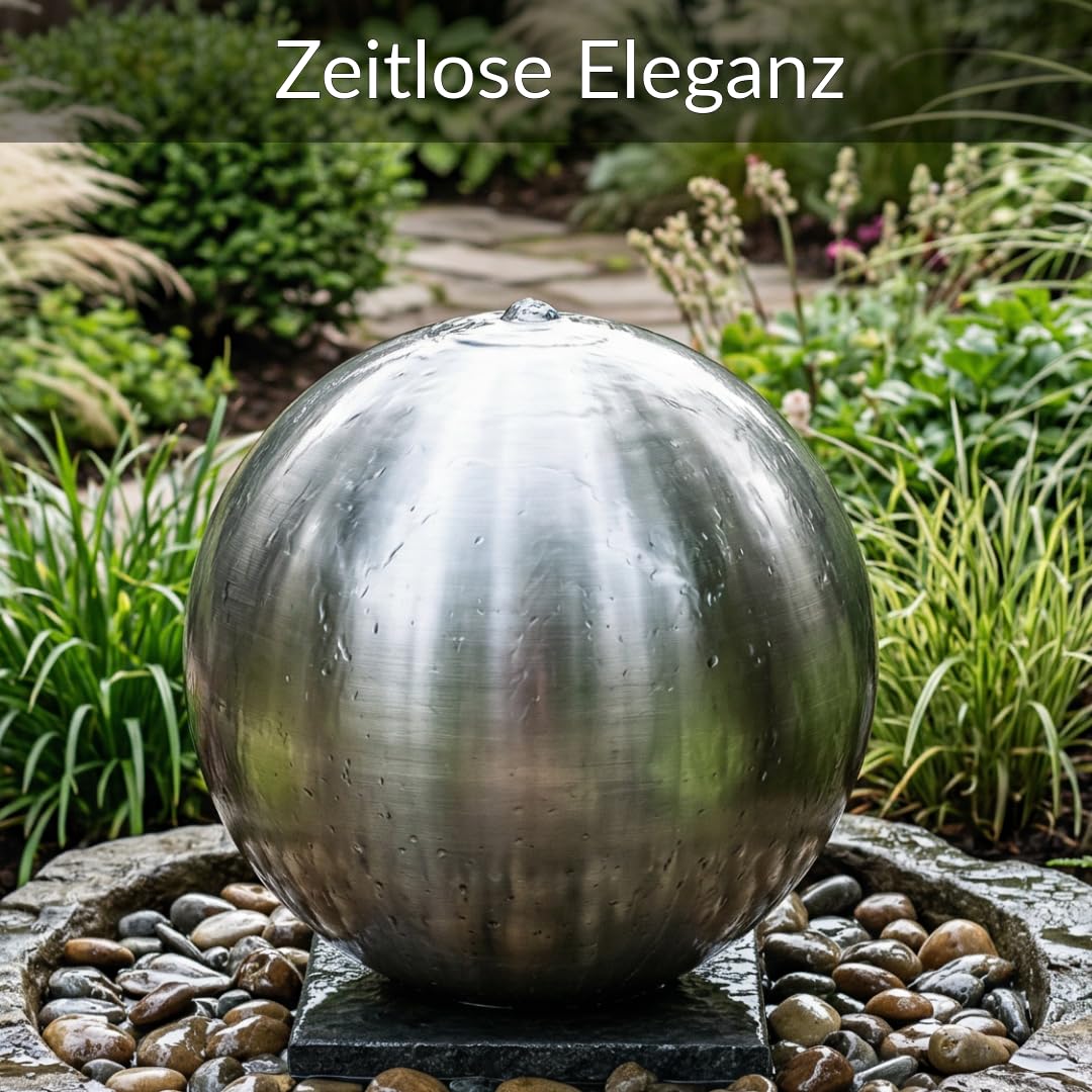 Kugelbrunnen aus matt gebürstetem Edelstahl D: 48 cm – Edelstahlkugel matt für Gartenbrunnen, Wasserspiel Garten, 30 mm Lochbohrung, 1/2 Zoll Schlauchanschluss, Edelstahlbrunnen für DIY Brunnenanlagen