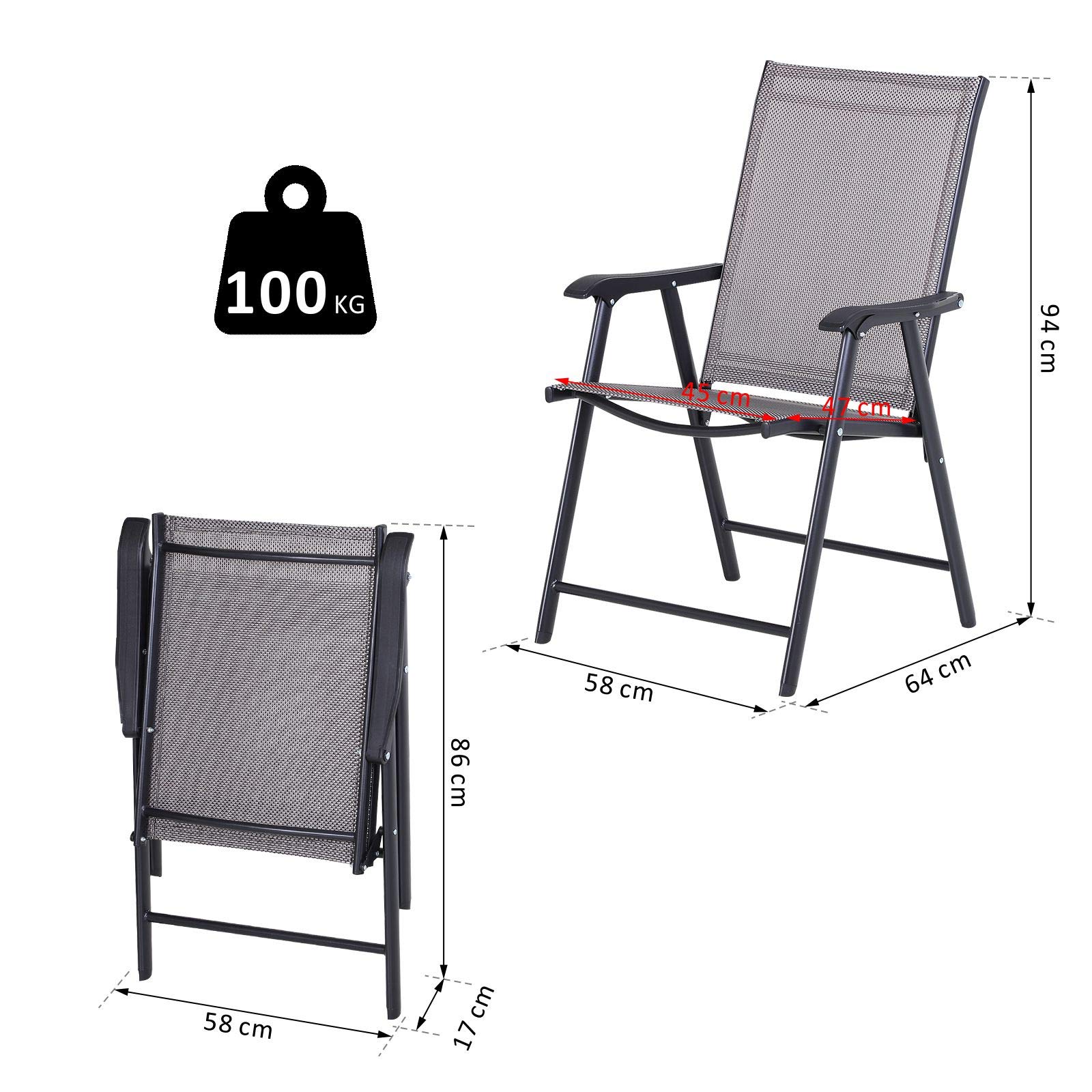 Outsunny Set 2 Sedie da Giardino Pieghevoli con Braccioli, Sedie per Pranzo da Esterno in Metallo e Texteline, da Patio, Balcone, Terrazza, Esterno e Interno, 58x64x94cm, Grigio