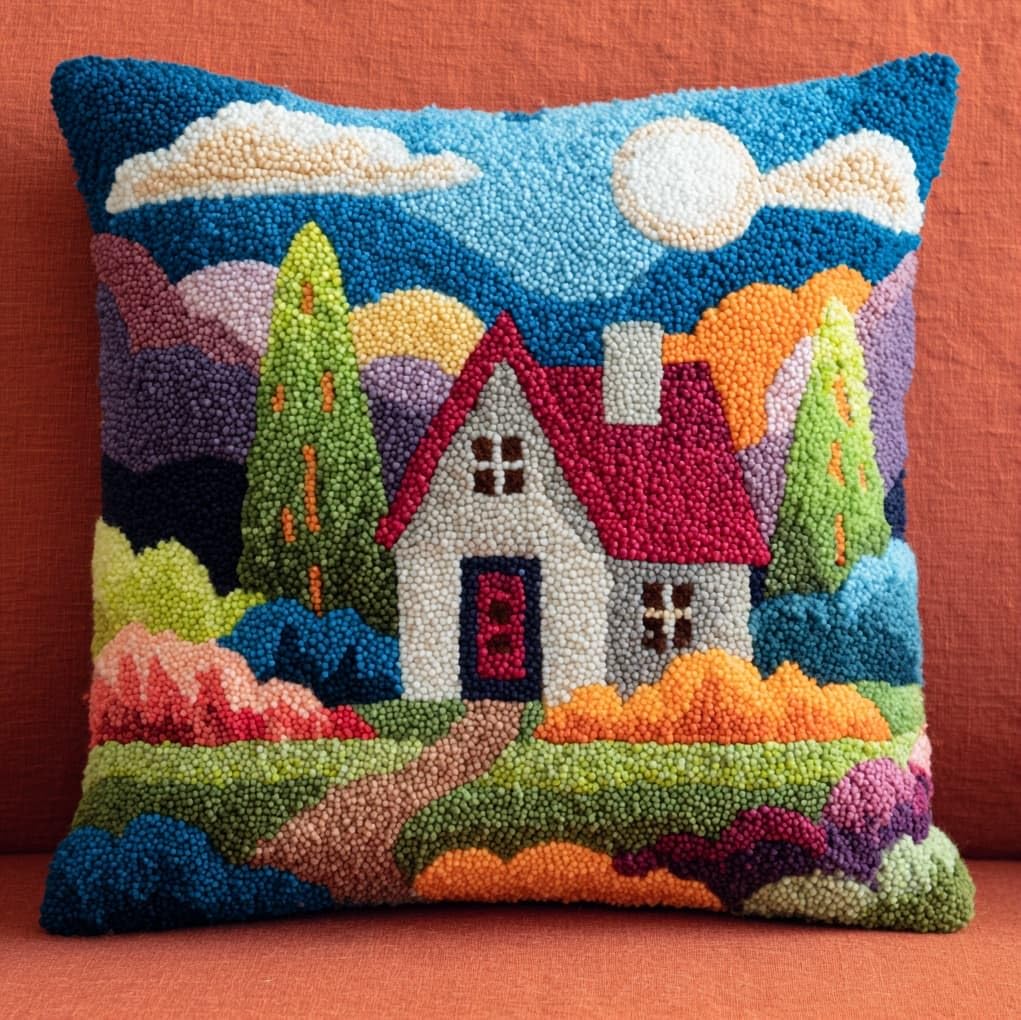 Wallustrioaw Cartoon Village Latch Hook Kits Pillow For Adults,