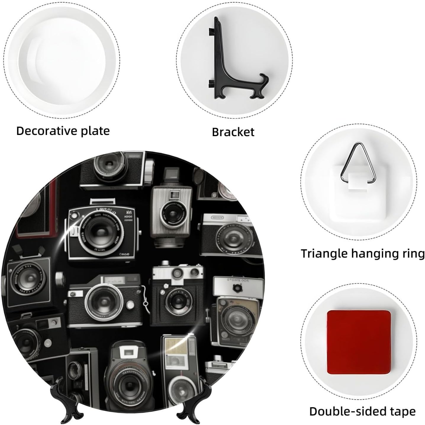 Bone China Decorative Plate with Display Retro Cool Camera Collection Ceramic Plates Crafts Art Decor Dessert Plate Ceramic Ornament Porcelain Plates for Living Room Kitchen Table Home Decor