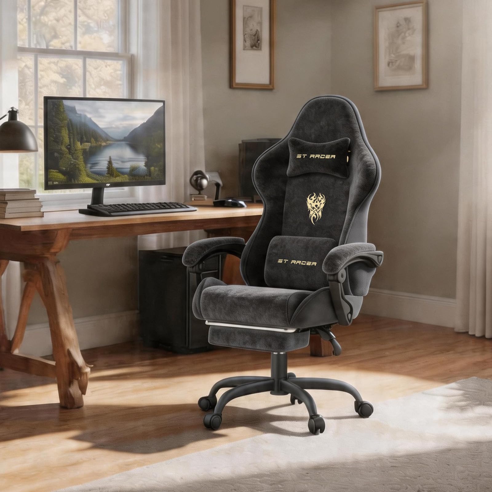 Verdego Gaming Stuhl Ergonomisch, Gaming Chair mit Massagefunktion, Fußstütze, Gamingstuhl Samt, Höhenverstellbar, Gamer Stuhl Verstellbare Rückenlehne 90-125°, Linkage Armlehnen (Schwarz)