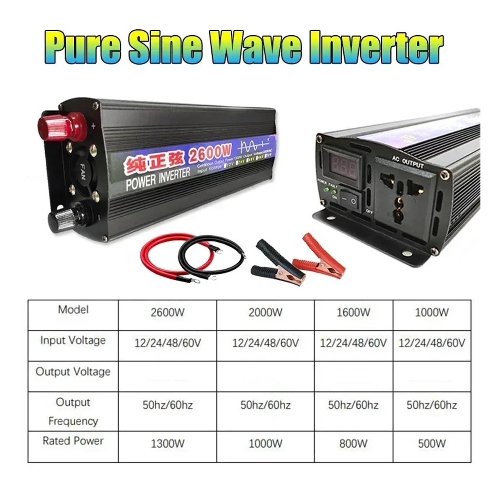Inverter a Onda sinusoidale Pura da 2600 W/2000 W/1600 W/1000 W, convertitore di Tensione da 12/24/48/60 V, Inverter di Potenza con Display LED (2000 W, 48 V, 60 Hz)