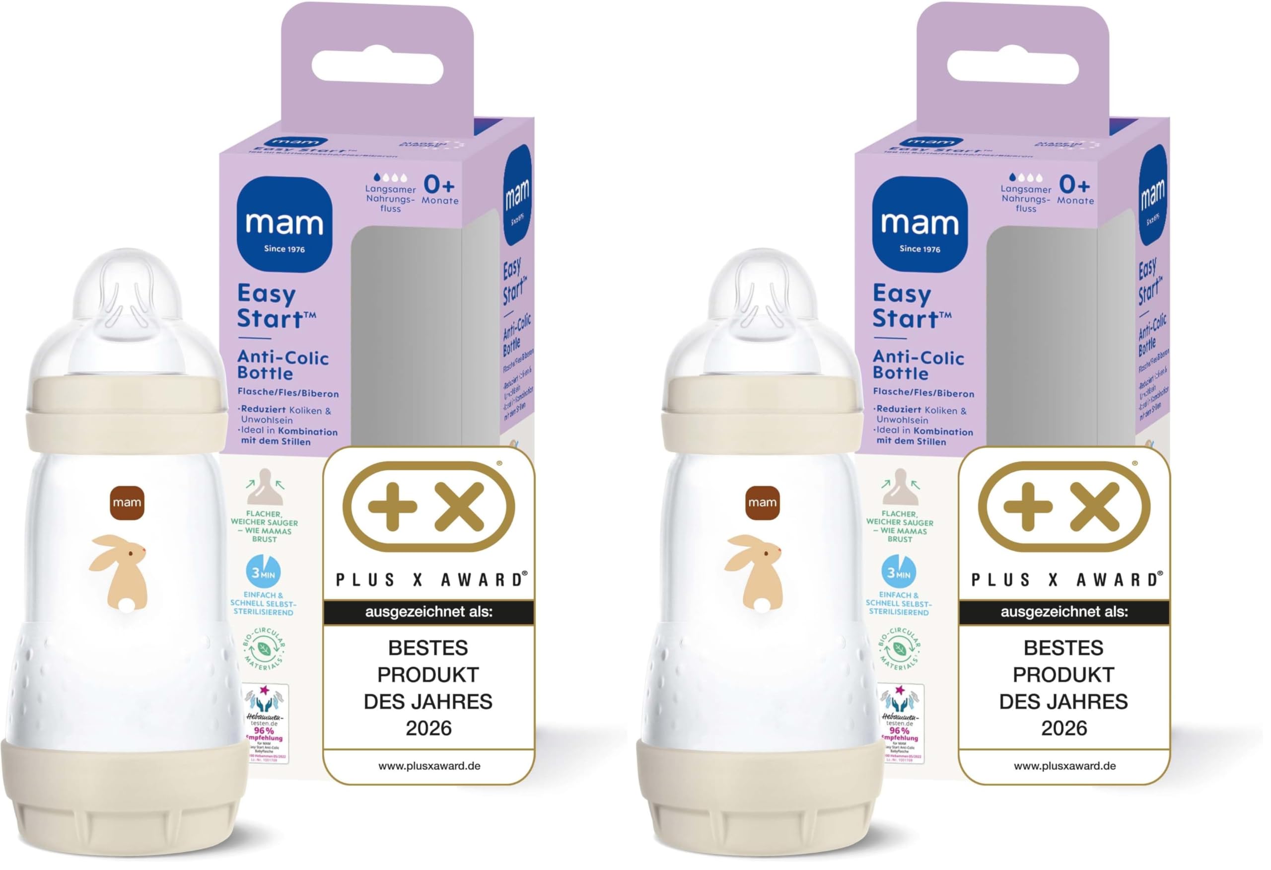MAM Easy Start Anti-Colic Baby Bottle 0+ Months Test Winner Milk Bottle for Newborns 94% Acceptance Less Colic Breastfeeding Friendly Baby Drinking Bottle Teat Size 1 260 ml Rabbit 260 ml (2er Pack)