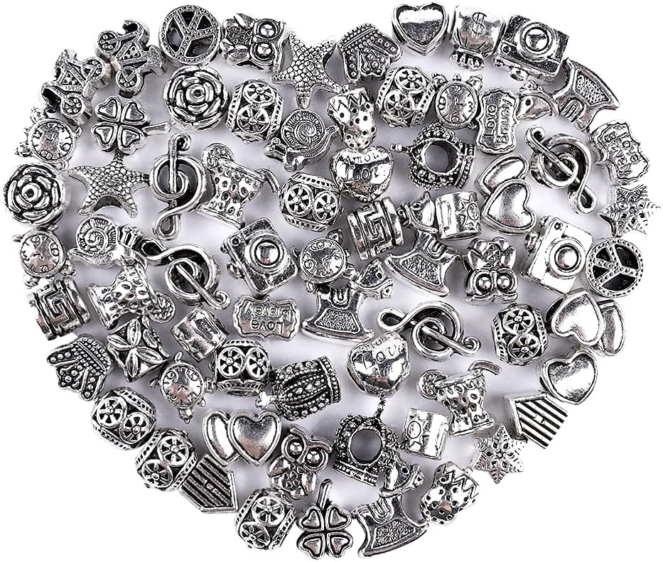 60 Pieces Assorted European Beads with Plating Silver Metal Alloy Rhinestone Large Hole Spacer Beads for DIY Charm Bracelet Jewelry Making (Alloy Spacer Beads)
