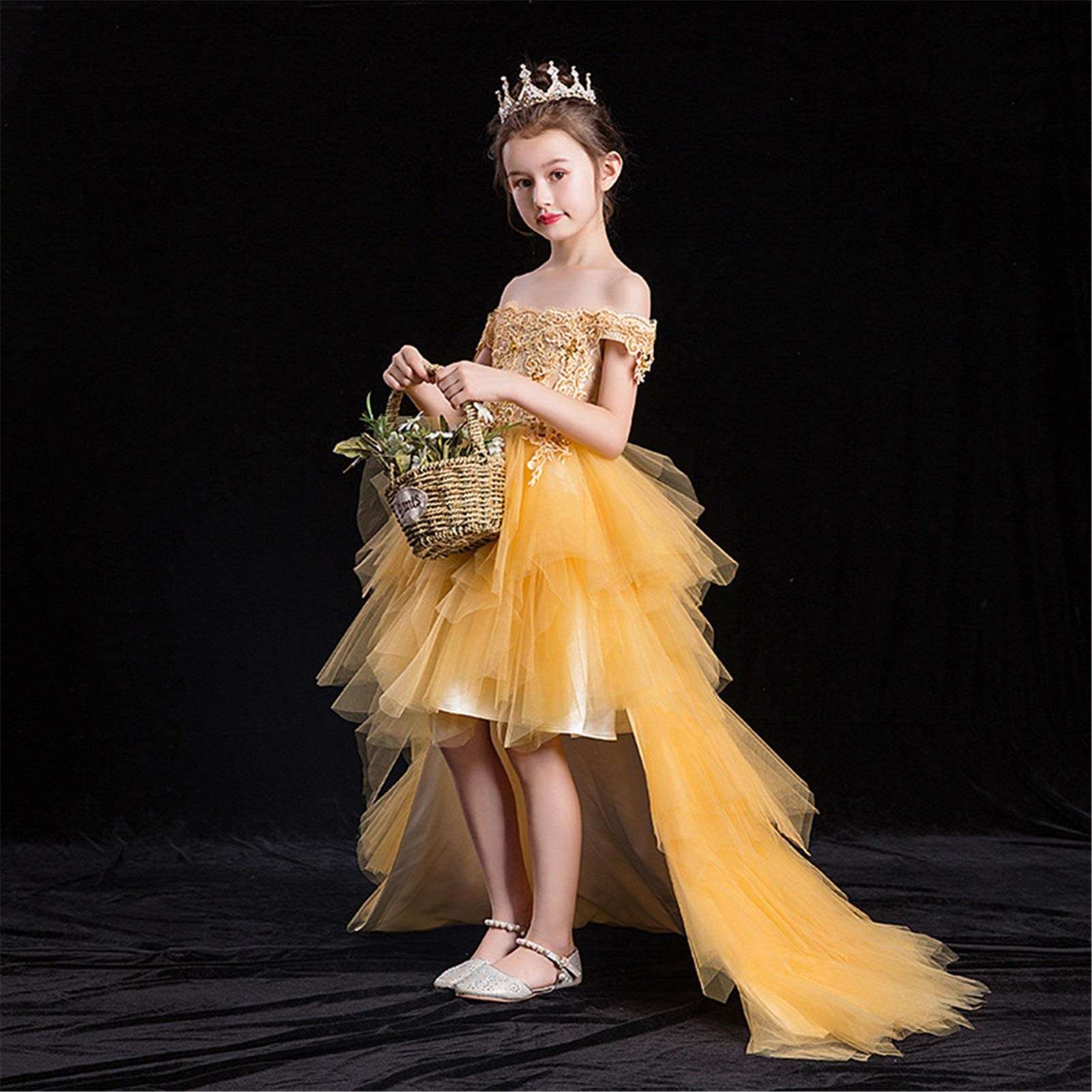 Kleider für besondere Anlässe für Mädchen, Kinderkleider, Prinzessinnenkleider, nachlaufende Models, Catwalk-Host-Kostüme, Blumenmädchen-Hochzeitskleider, Pettiröcke (Farbe: Gold, Größe: 140 cm)