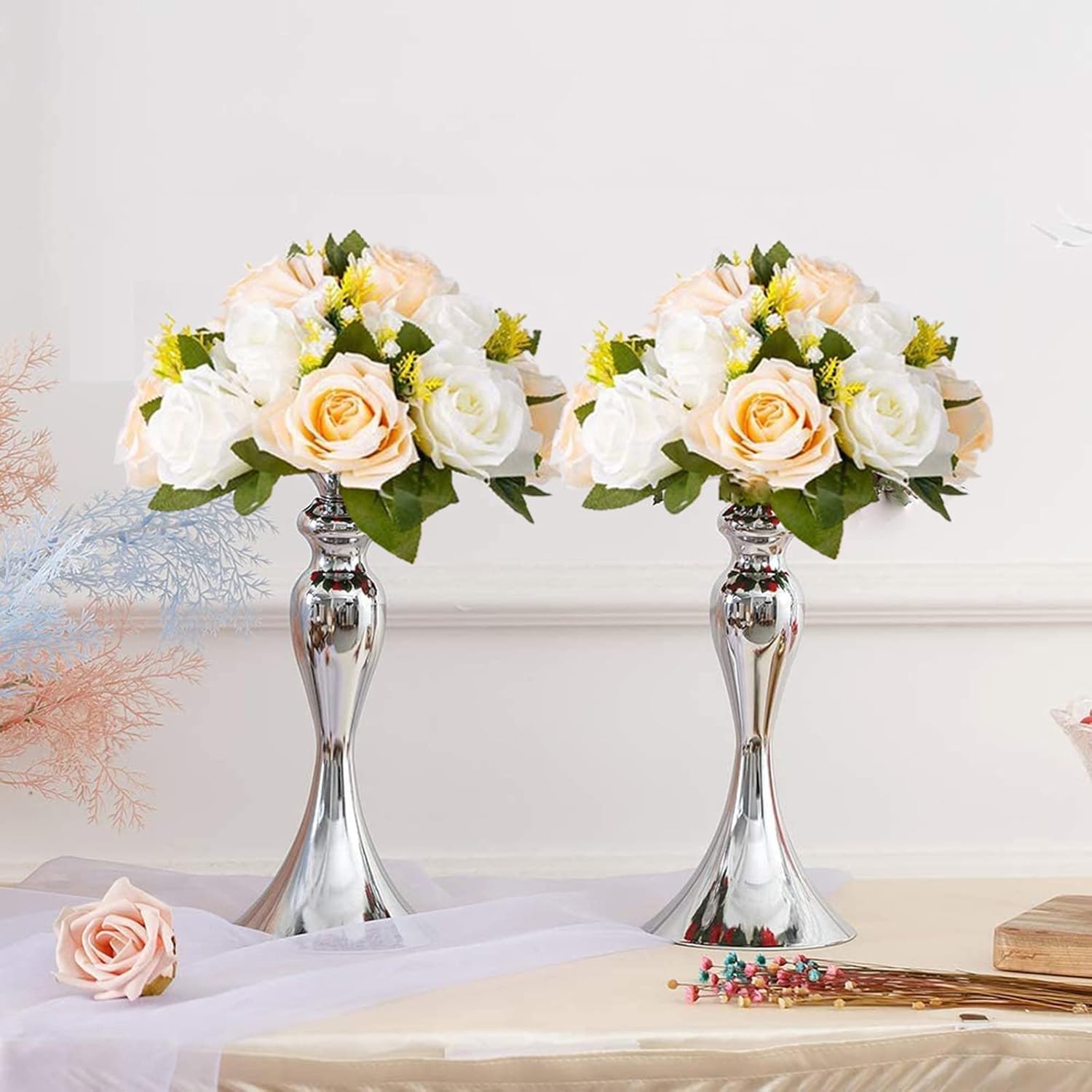Flower Balls Wedding Rose Centerpieces: 10 Pcs Fake Flowers with Base Kissing Balls Decor Champagne &White Artificial Floral Arrangements Flower Bouquet of Roses Home Party Table DIY Decorationss - Image 2