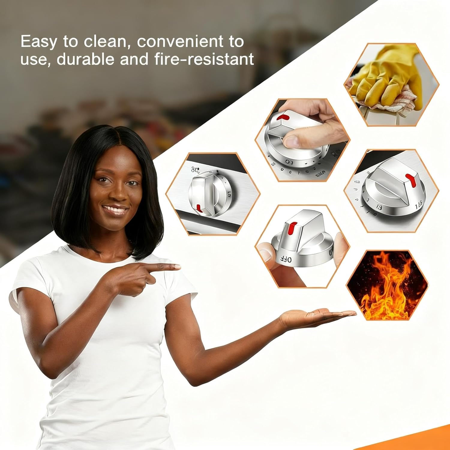 Upgraded Metal Ring 5-Pack Gas Range Knobs Replacement for Samsung NX58F5700WS NX58H5600SS NX58H5650WS NX58J7750SS NX58M6850SS Fits DG64-00473A (D-Shaft Only)