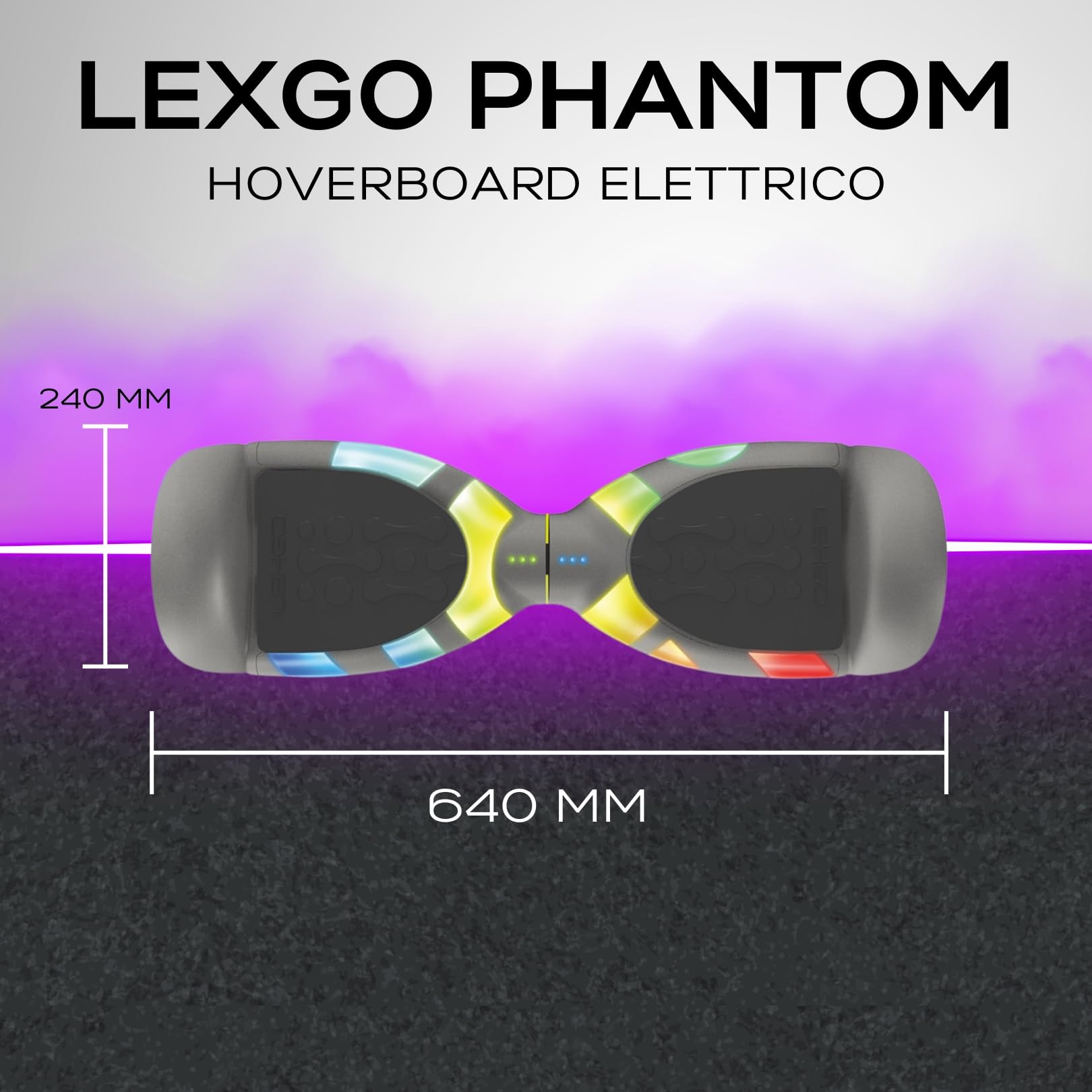 LEXGO HOVERBOARD MIRAGE GRY - Overboard Elettrico con Telaio in Acciaio, Ruote da 6,5'' e 2 motori Brushless da 200W - Hoverboard con velocità fino a 12km/h e Autonomia di 10km