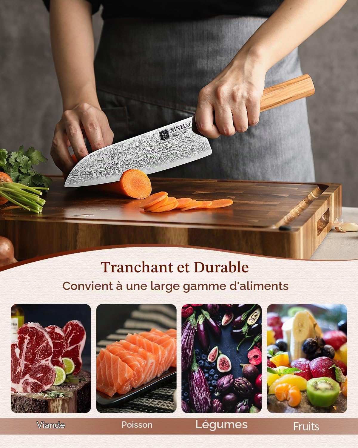 XINZUO 18,5cm Couteau Santoku, 67 Couches en Acier Damas Couteau de Cuisine Multifonctions Couteau de Chef Professionnel Couteau Damas -Poignée Octogonal en Bois d'Olivier Fabriqué à la Main, XZ-PM8