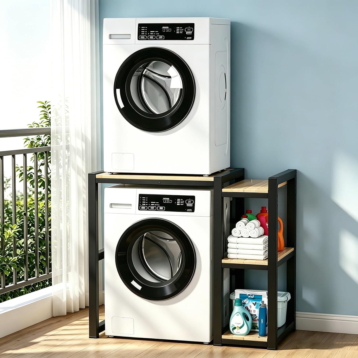 Washer Dryer Stacking Rack Stand with Side Shelf, 3-Level Adjustable Heavy Duty Laundry Storage Rack, Over the Washer Dryer Shelf Stand for Laundry Room Apartment(Black)