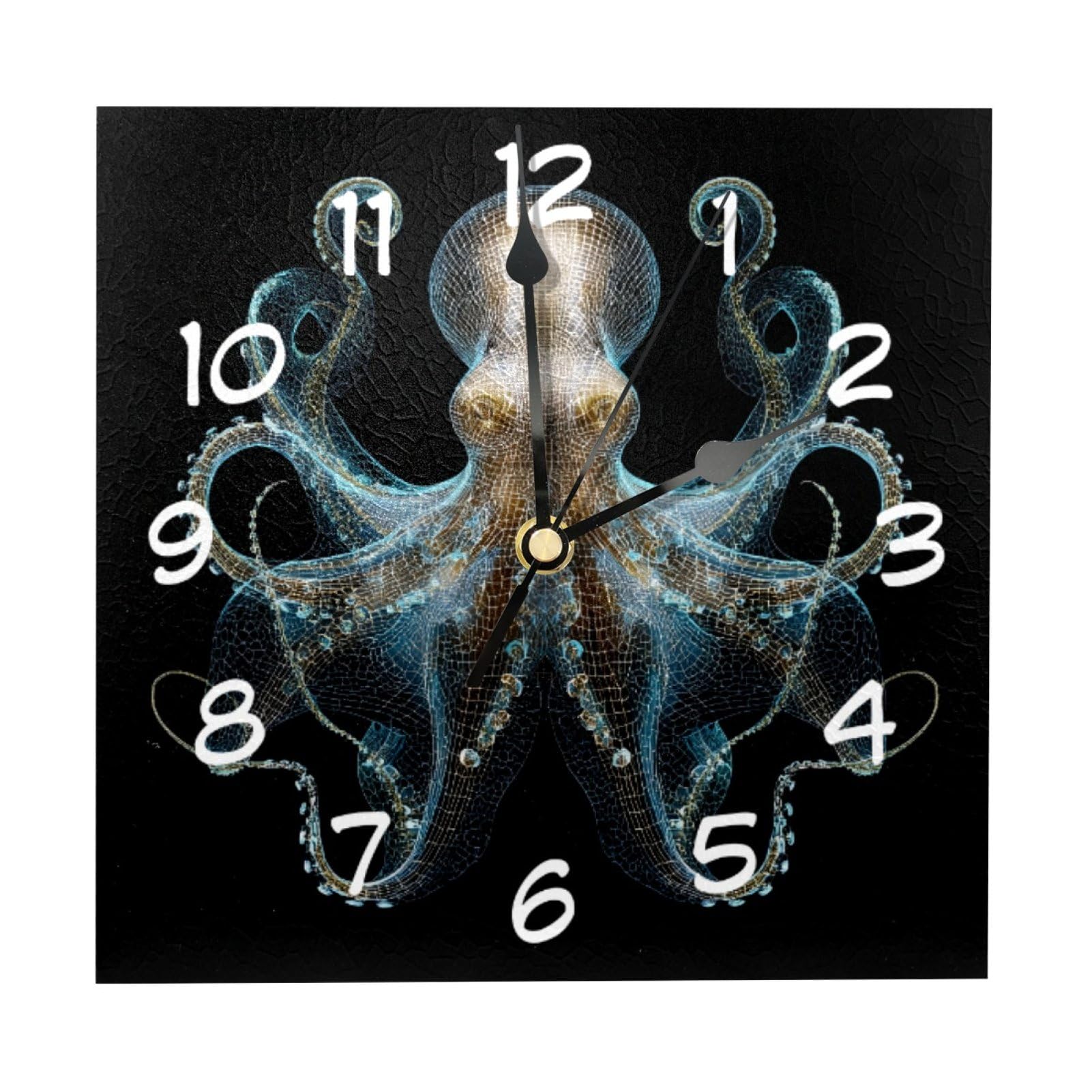 etoenbrc 8 Inch Square Wall Clock Silent Non-Ticking Blue Octopus Background Clock Battery Operated, Wooden Clock Decorative for Kitchen, Living Room Bedroom Office