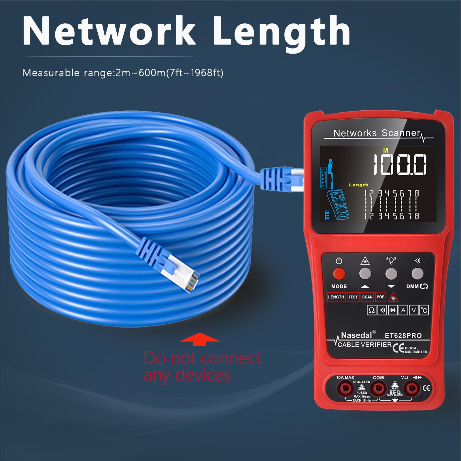 Network Cable Tester Wire Tracker Tone Generator Ethernet Tester Multímetro VFL 3 en 1 RJ45 CAT5 CAT6 CAT7 CAT8 RJ11 Tone BNC Tester PoE Test Cable Length Cable